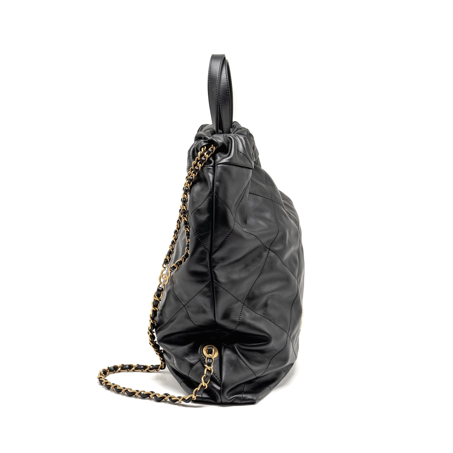 Chanel 22 Backpack White Letter Logo Shiny Calfskin Black  (Microchip)