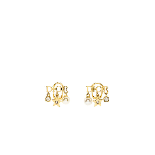 Dior Logo Ear Clips Pearl Gold Tone