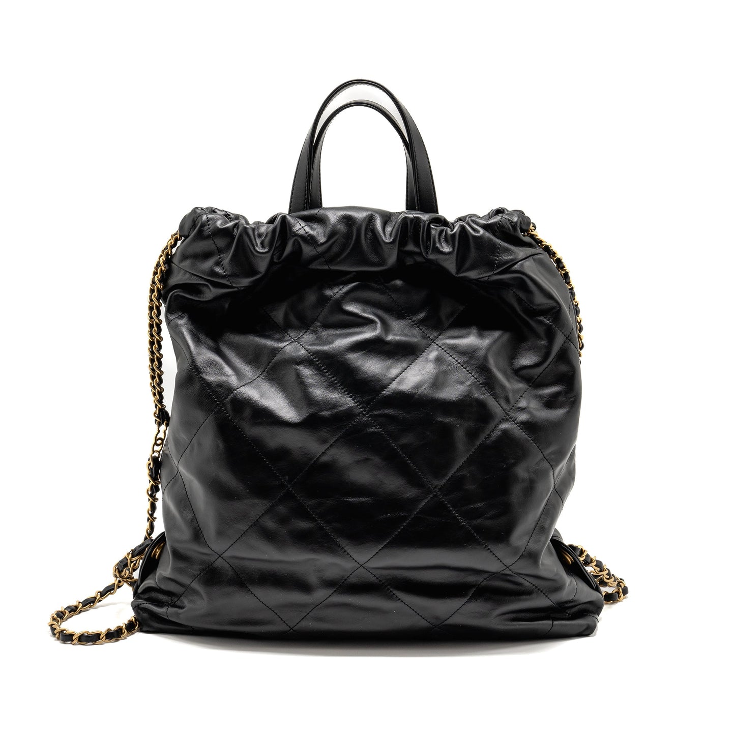 Chanel 22 Backpack White Letter Logo Shiny Calfskin Black  (Microchip)