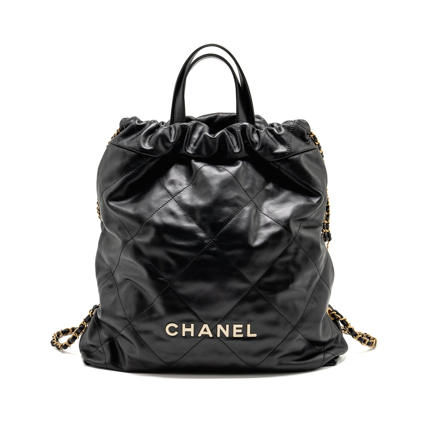 Chanel 22 Backpack White Letter Logo Shiny Calfskin Black  (Microchip)
