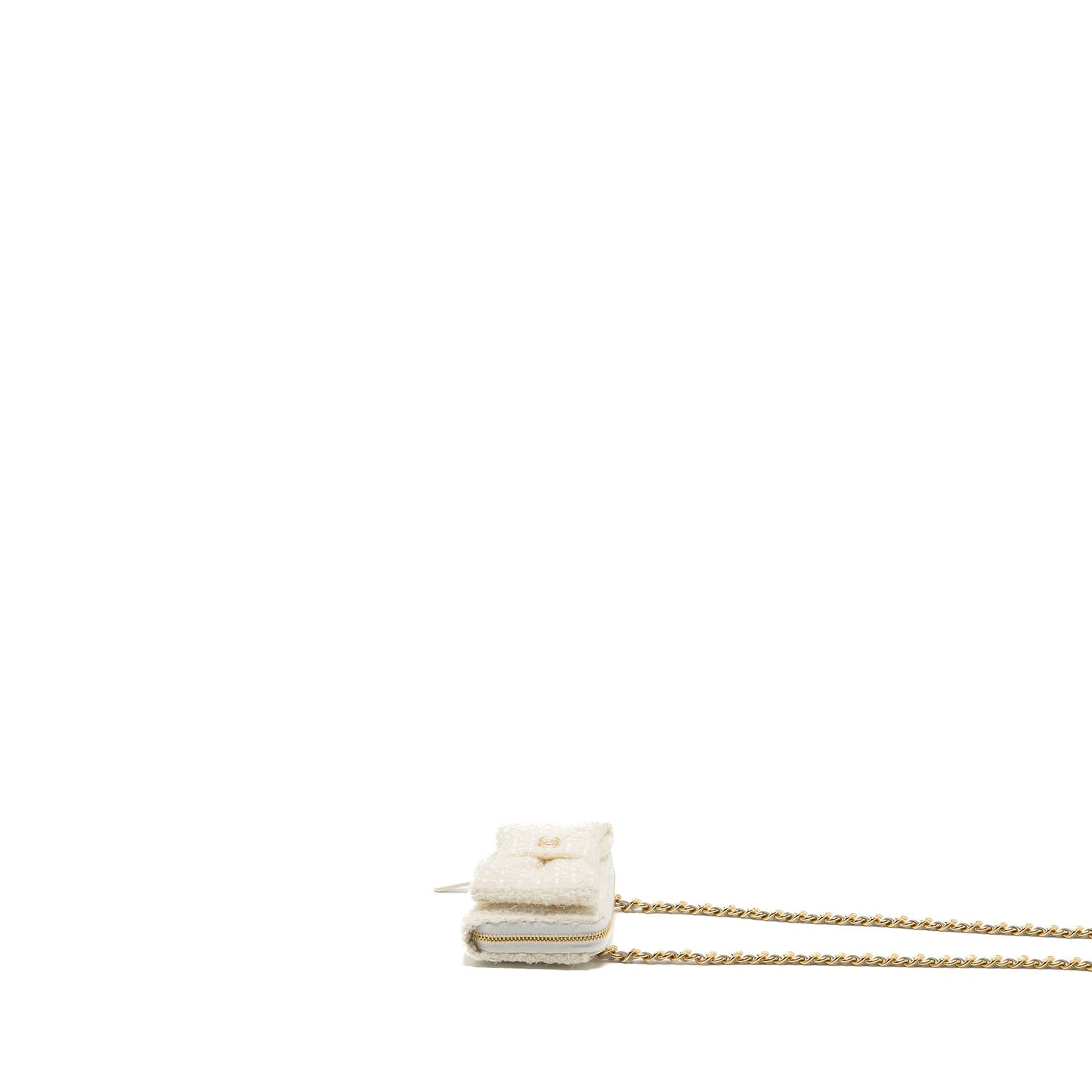 Chanel Mini Bow Card Holder With Chain Tweed White L(Microchip)