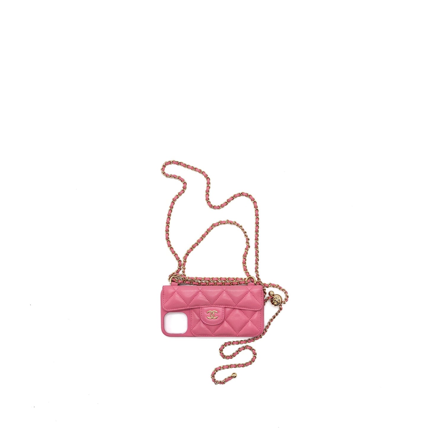 Chanel 21P pearl crush phone case with chain for iPhone 12 lambskin pink L