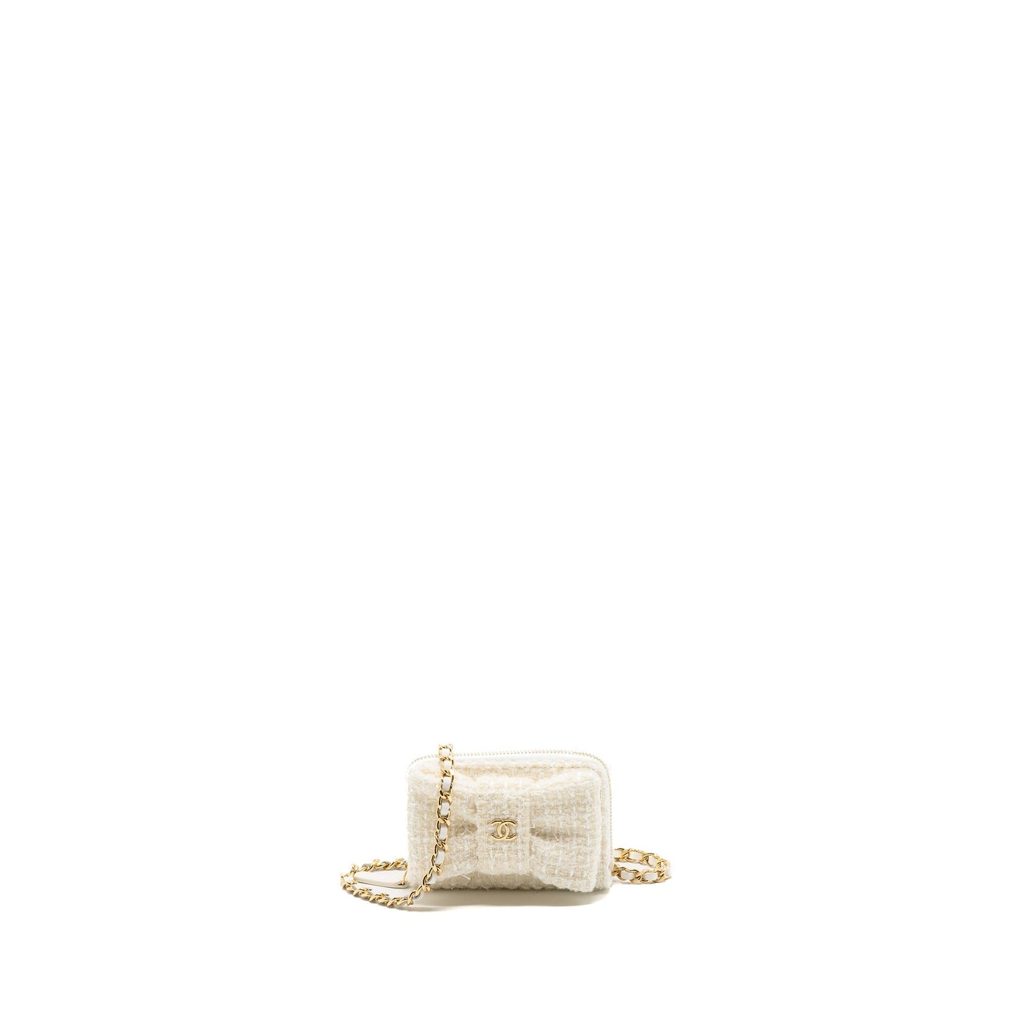 Chanel Mini Bow Card Holder With Chain Tweed White L(Microchip)
