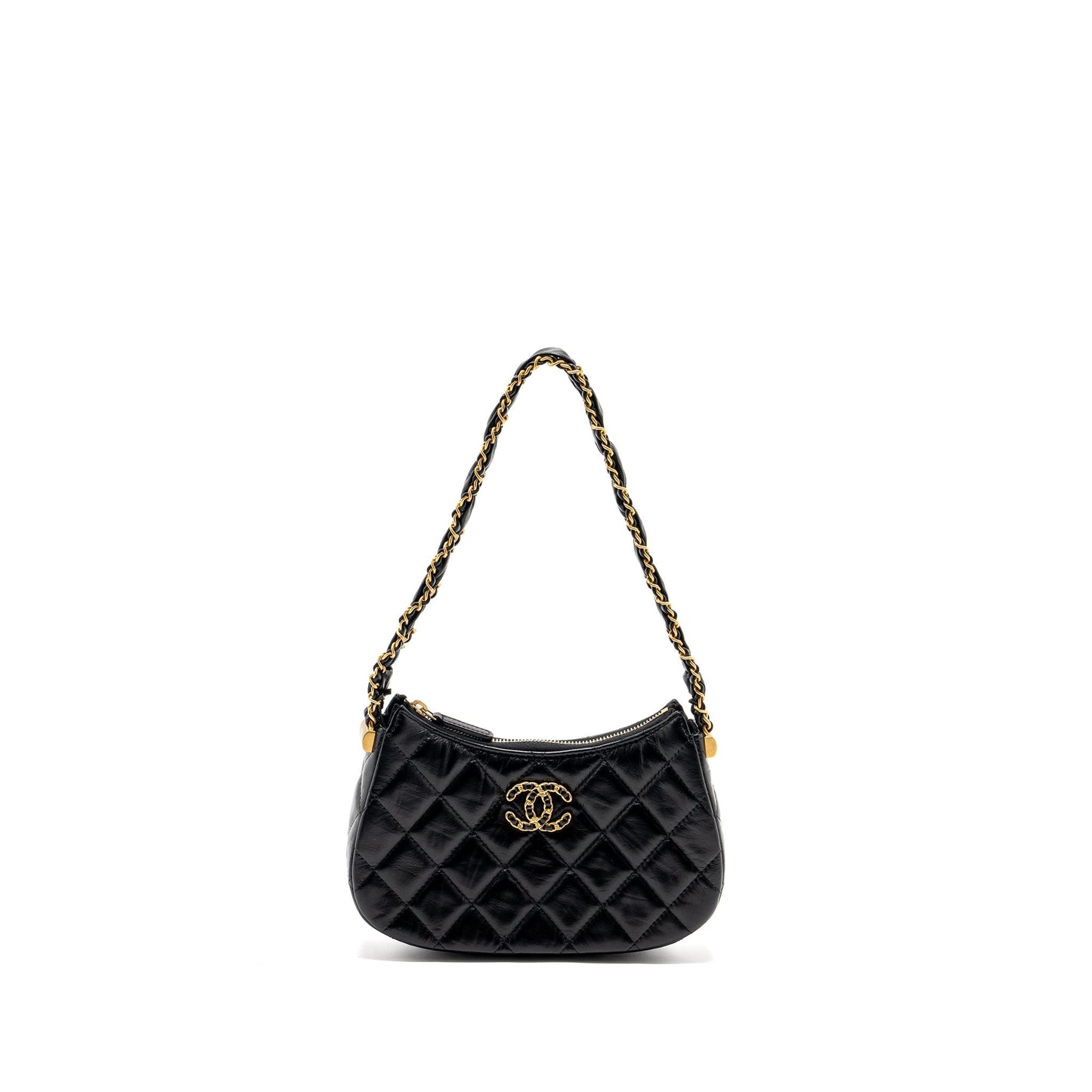 Chanel 23k Small Hobo Shoulder Bag Calfskin Black  (microchip)