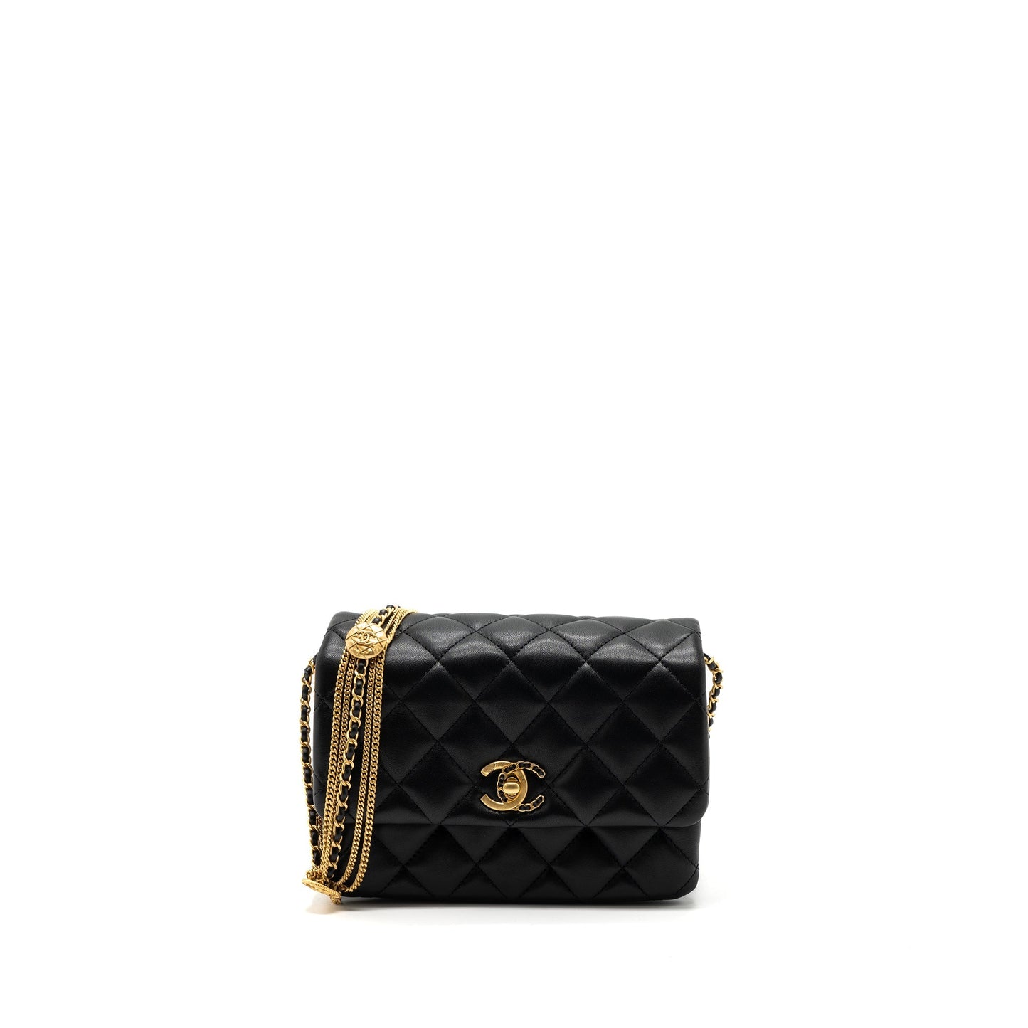 Chanel 22a Button On Chain Flap Shoulder Bag Lambskin Black Brushed (Microchip)