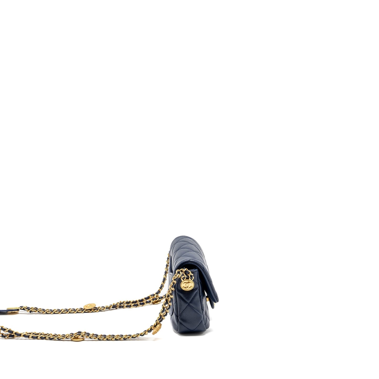 Chanel 22A Button On Chain Mini Square Flap Bag Caviar Navy  (Microchip)