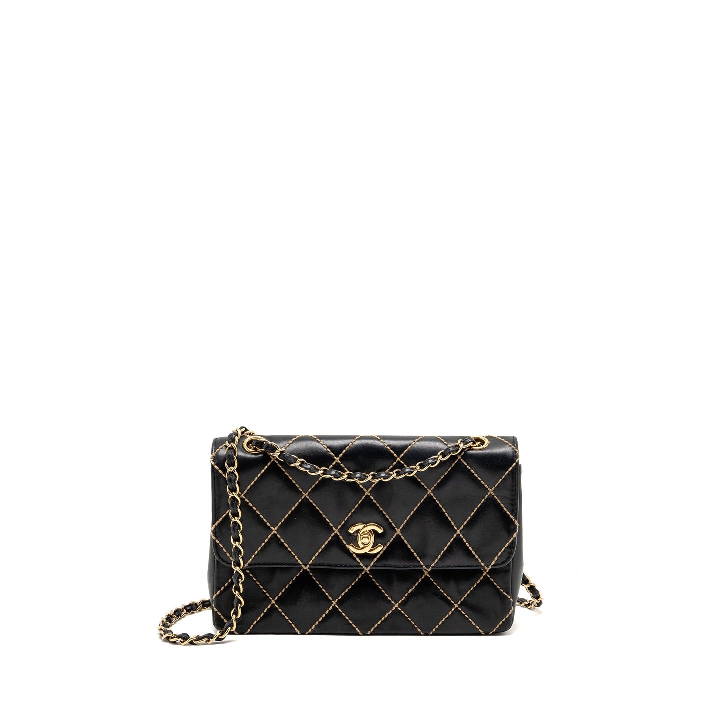 Chanel  quilted flap bag lambskin black with white stitching