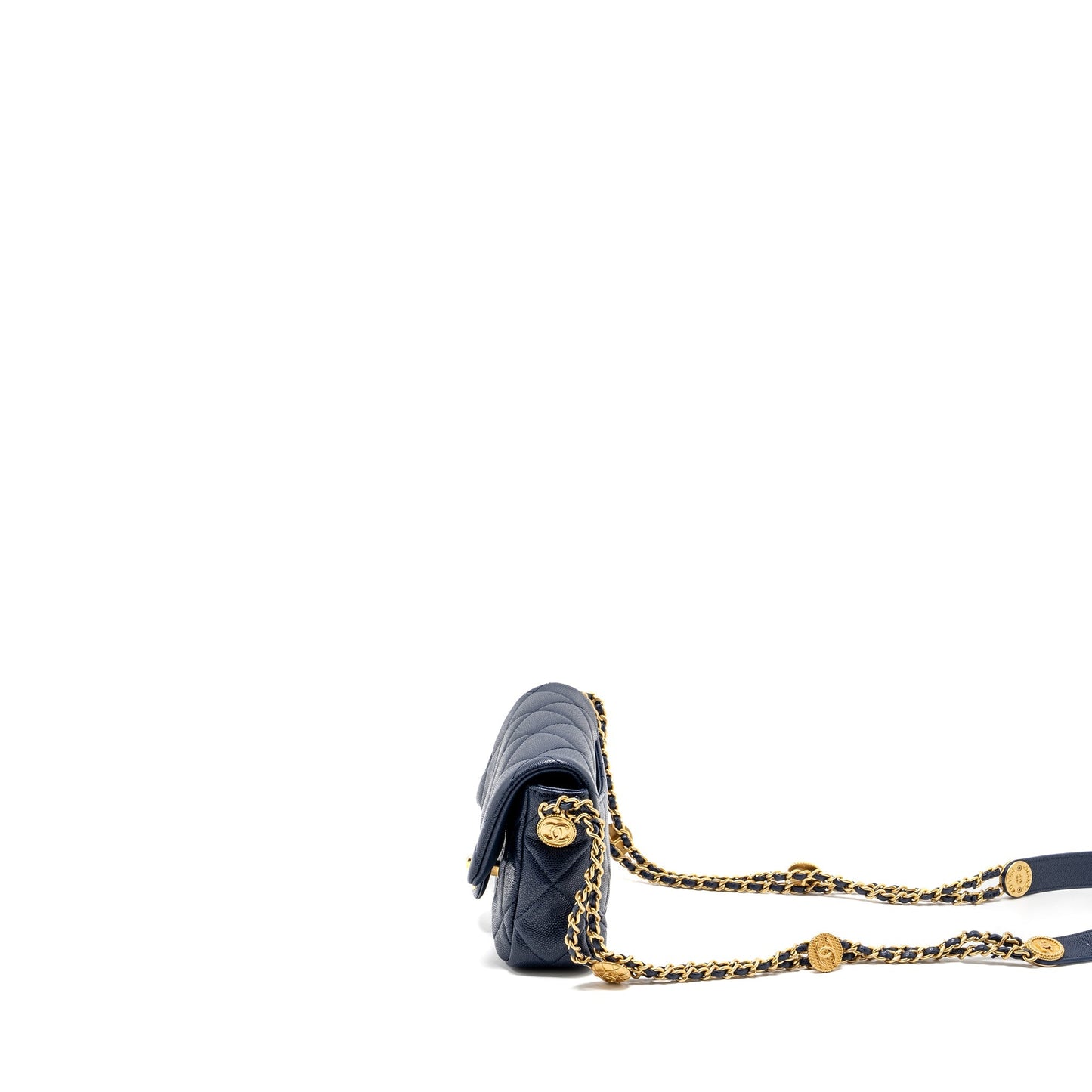 Chanel 22A Button On Chain Mini Square Flap Bag Caviar Navy  (Microchip)
