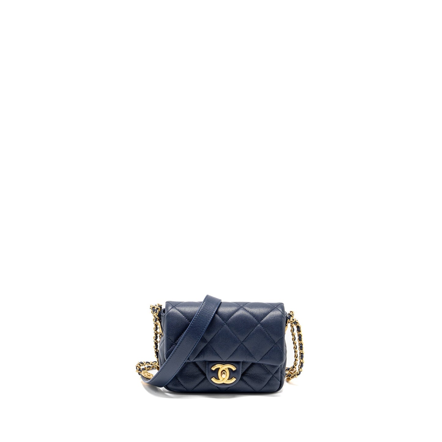 Chanel 22A Button On Chain Mini Square Flap Bag Caviar Navy  (Microchip)