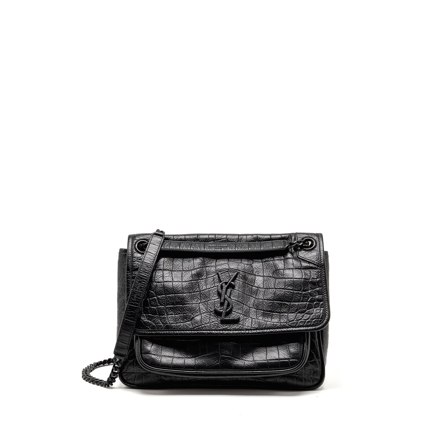 Saint Laurent/ Medium Niki Purse Crocodile-Embossed Black Calfskin Black Hardware