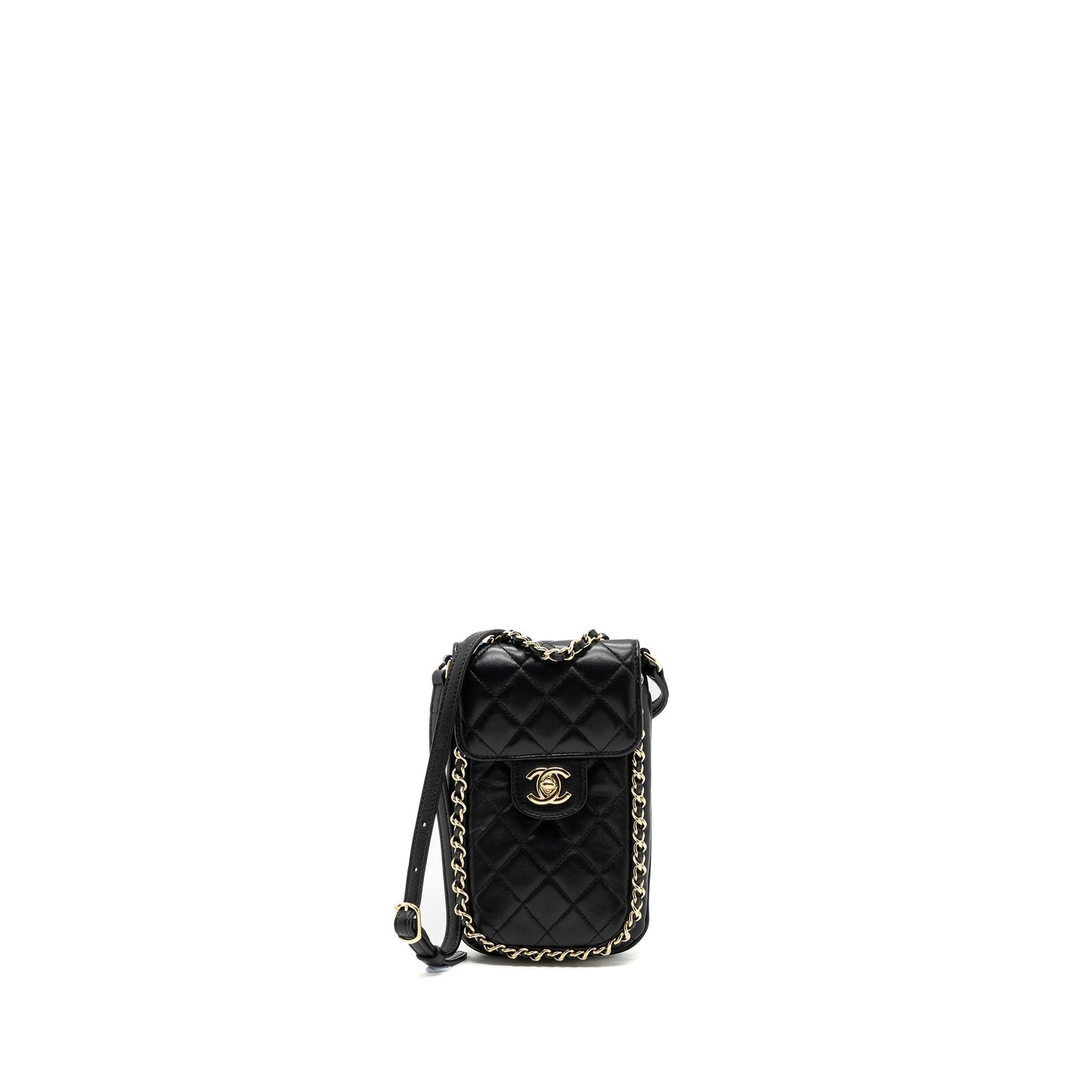 Chanel Phone Holder With Chain Lambskin Black L