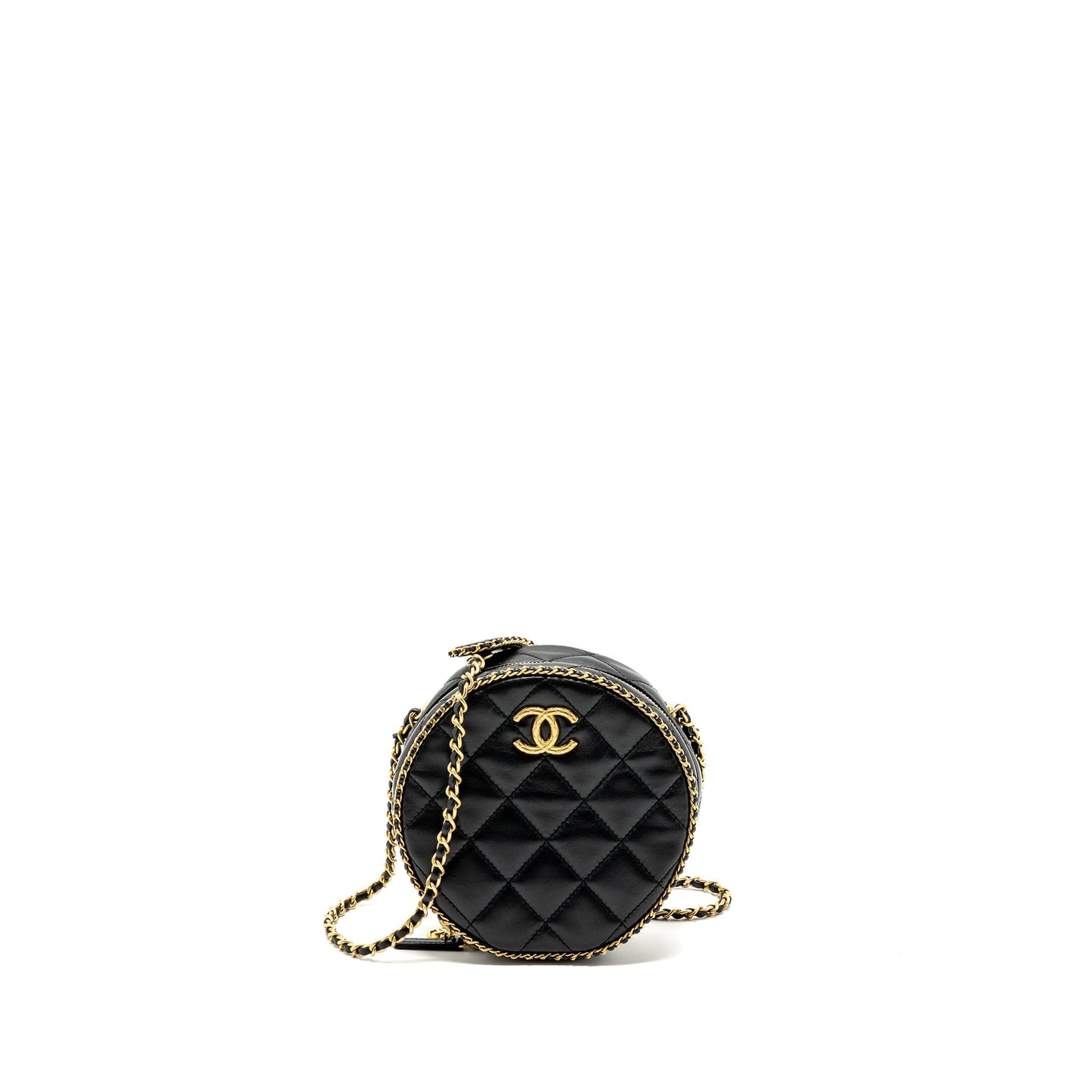 Chanel Round Vanity With Chain Lambskin Black  (microchip) no