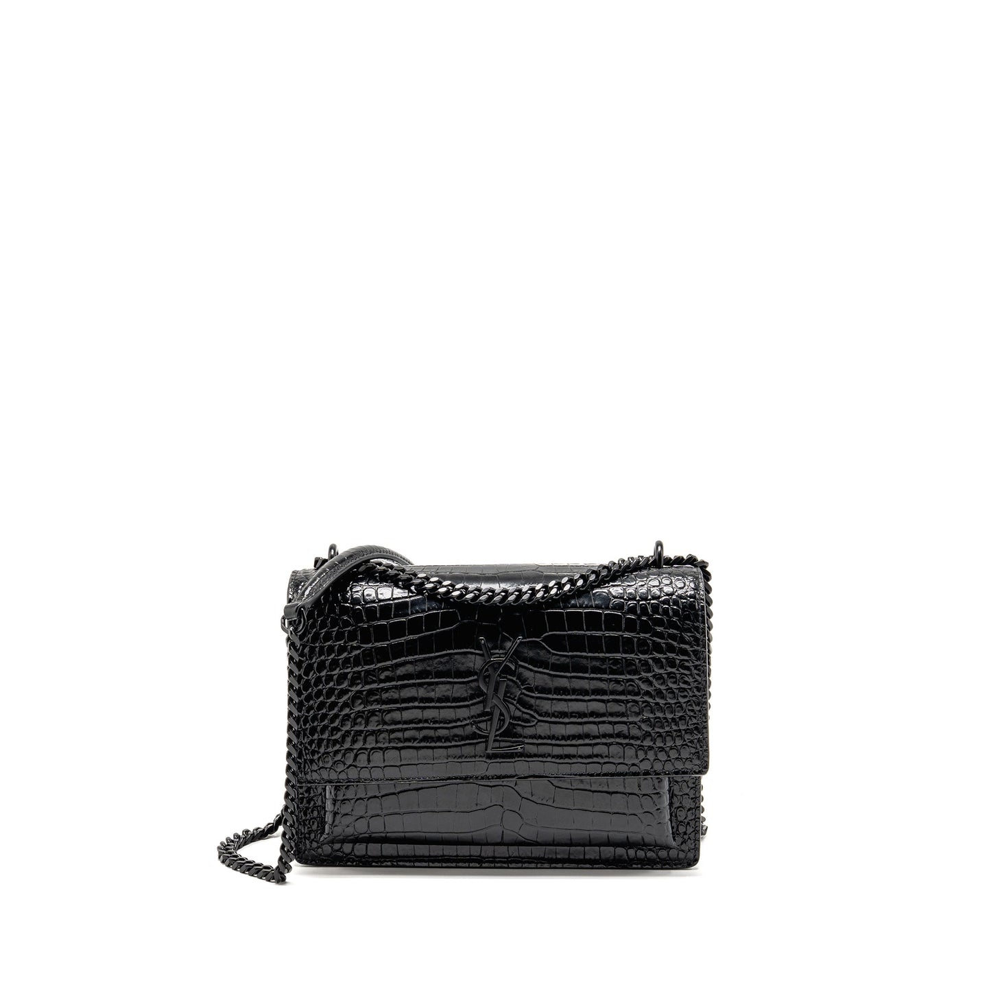 Saint Laurent/ Sunset Medium Crocodile-Embossed Calfskin Black
