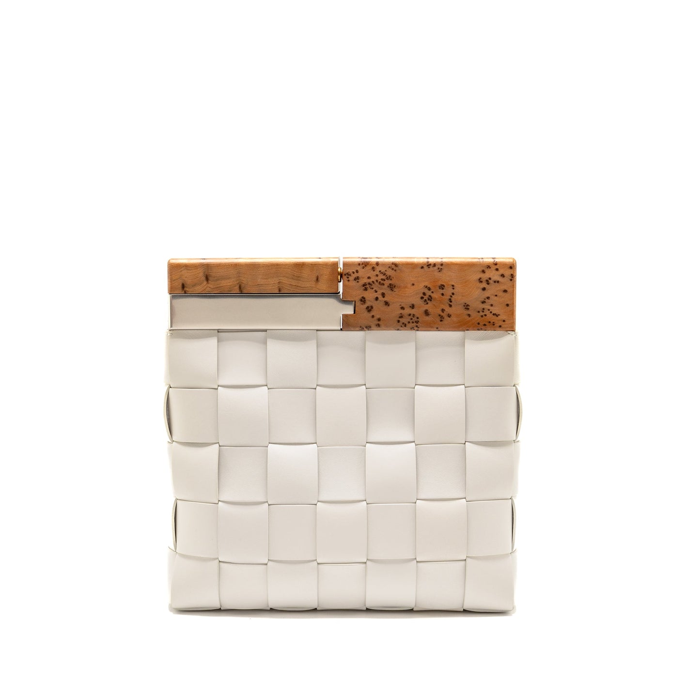 Bottega Veneta Cream Snap Clutch Purse Calfskin/Wood White Multicolour Hardware