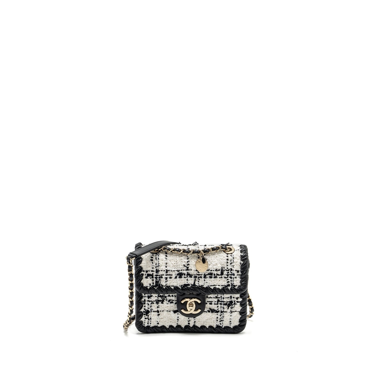 CHANEL Seasonal Mini Square Flap Bag Tweed White/Black L (Microchip)