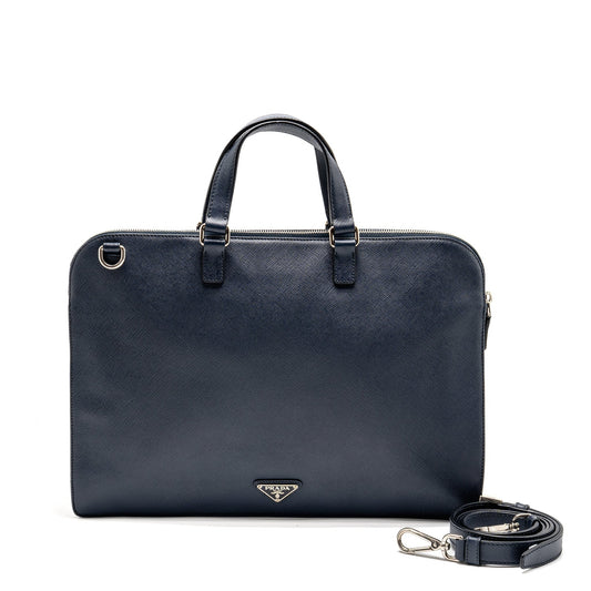 Prada Saffiano Travel Briefcase Calfskin Dark Blue