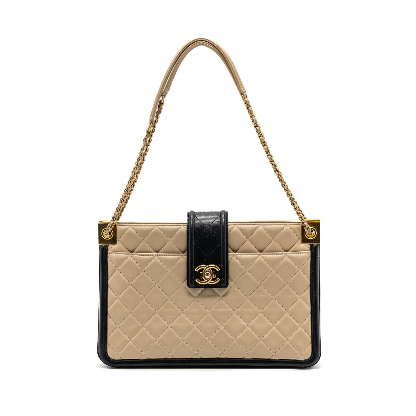 Chanel Quilted small shopping tote bag lambskin beige / black