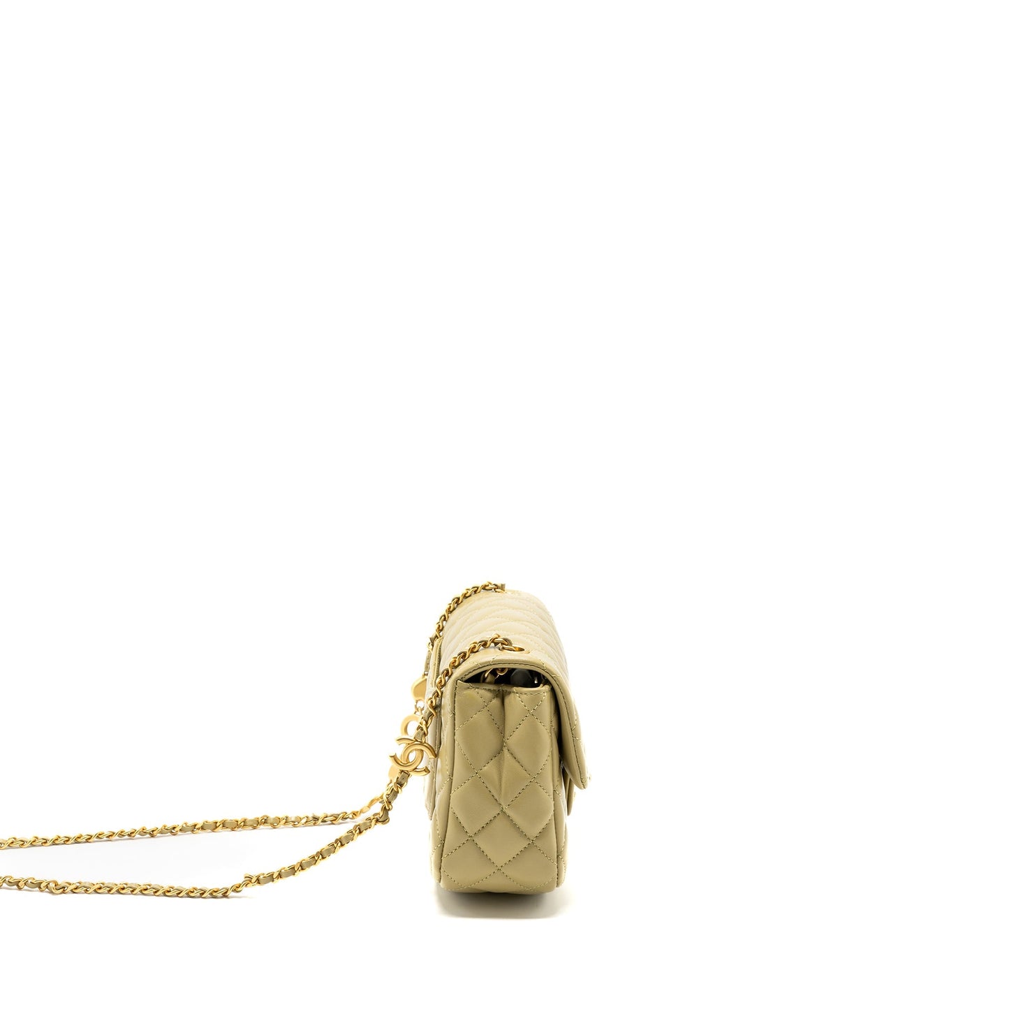 Chanel quilted flap bag with coco love chain lambskin khaki green (Microchip)