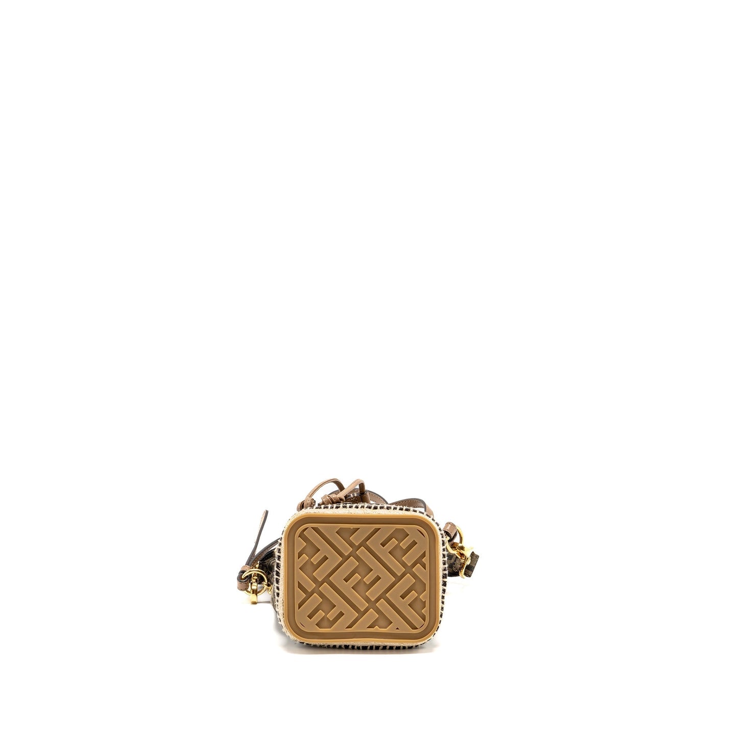 FENDI TRESOR BUCKET Purse JACQUARD Raffia/FABRIC/CALFSKIN BROWN