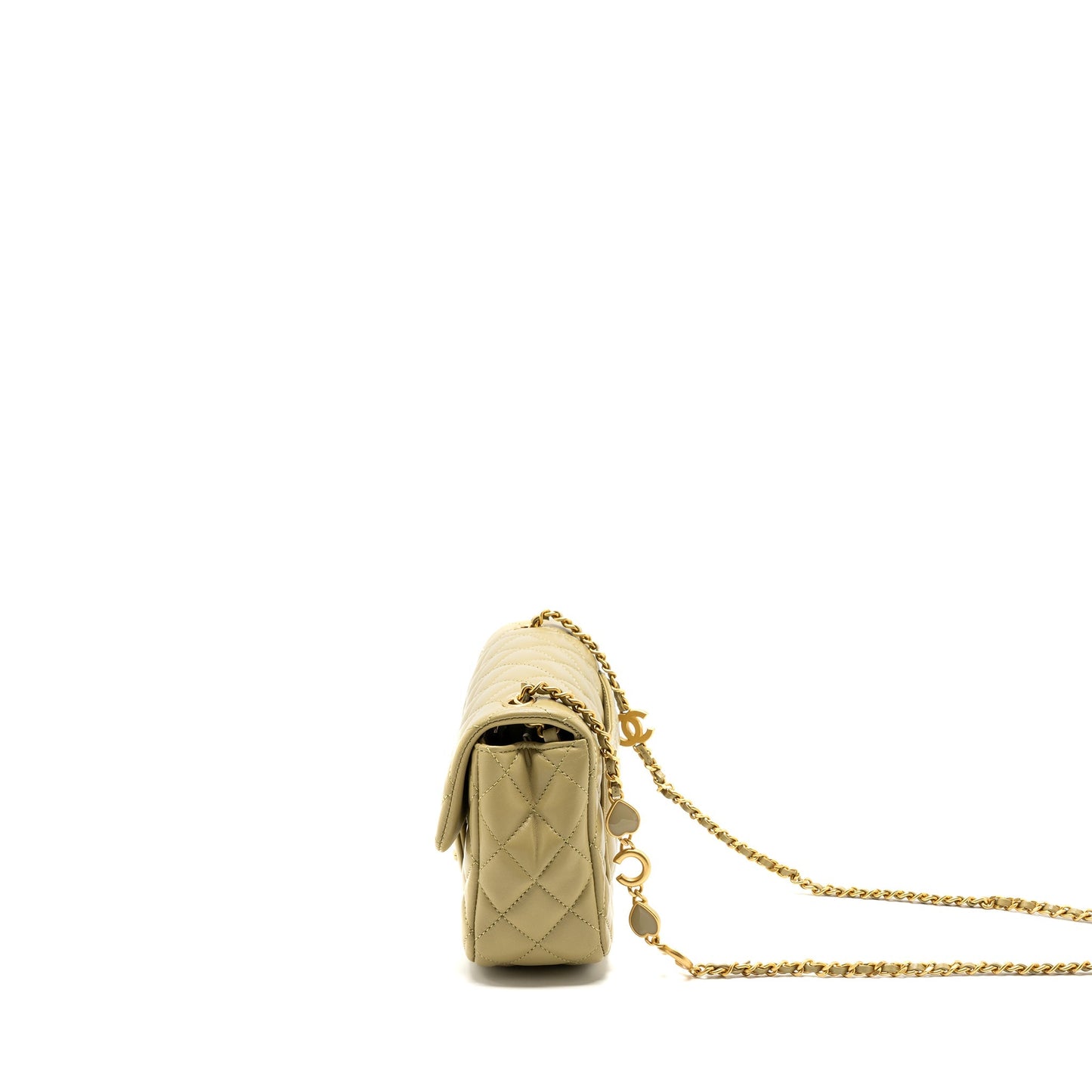 Chanel quilted flap bag with coco love chain lambskin khaki green (Microchip)