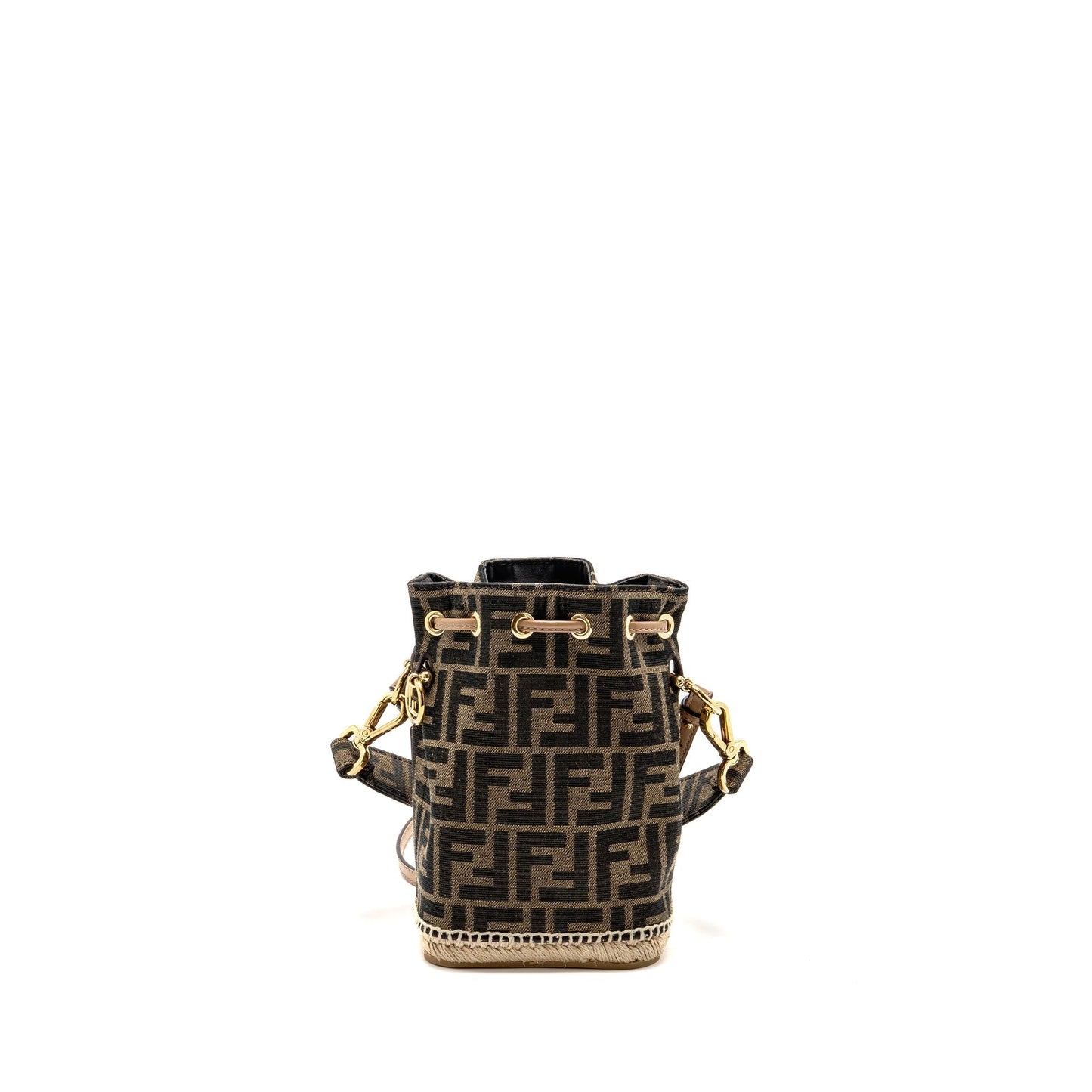 FENDI TRESOR BUCKET Purse JACQUARD Raffia/FABRIC/CALFSKIN BROWN