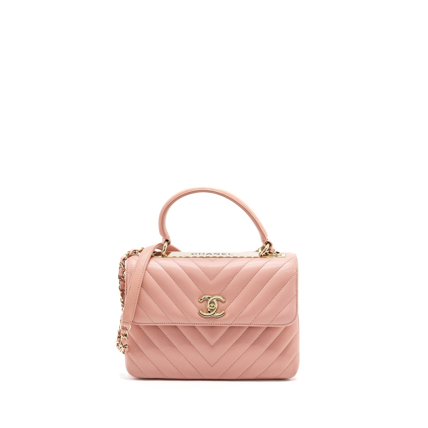 Chanel Chevron Trendy CC Top Handle Flap Bag Lambskin Light Pink L
