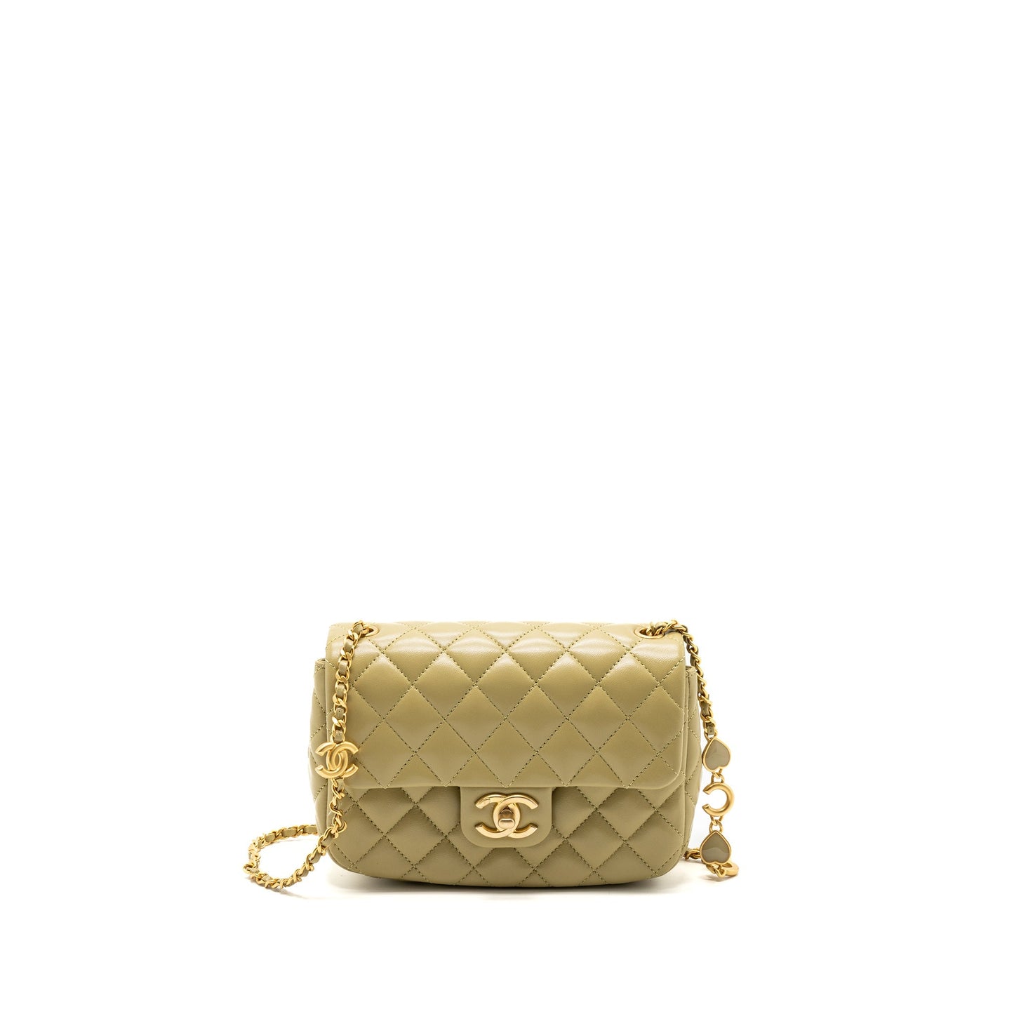 Chanel quilted flap bag with coco love chain lambskin khaki green (Microchip)