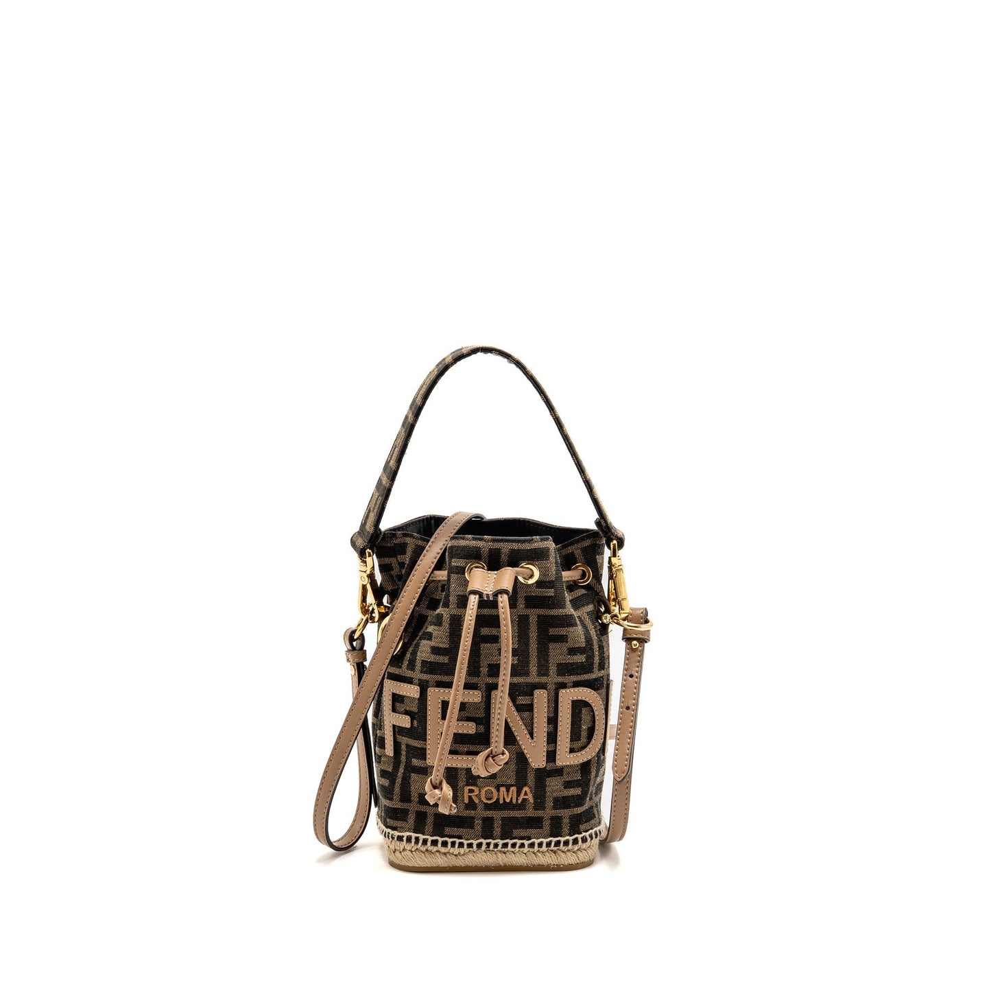 FENDI TRESOR BUCKET Purse JACQUARD Raffia/FABRIC/CALFSKIN BROWN