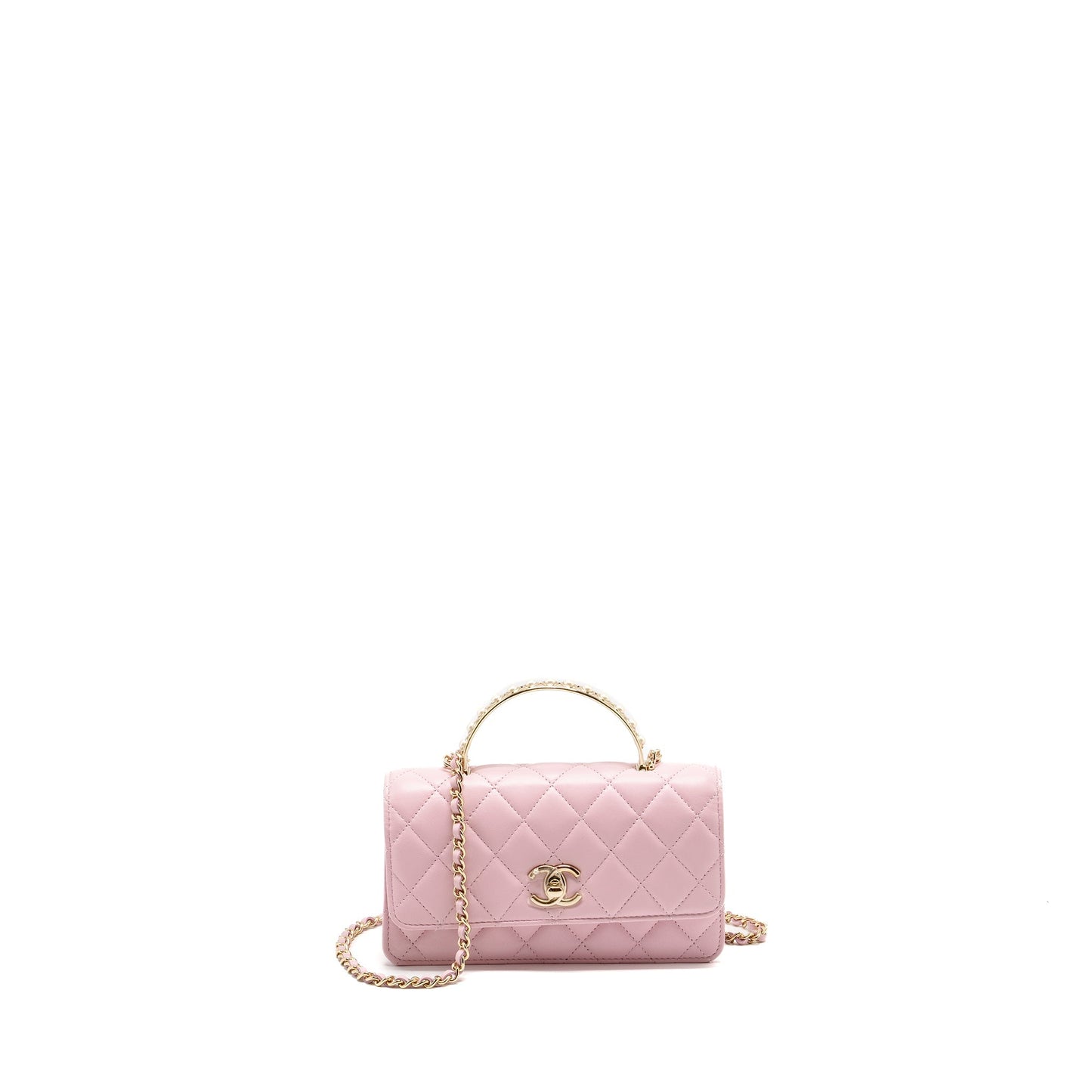 Chanel Pearl Detailed Top Handel Wallet On Chain Lambskin Pink L (Microchip)