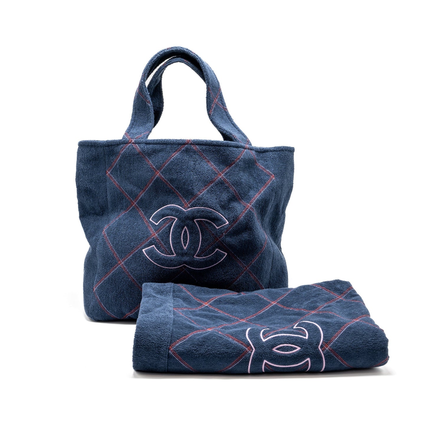Chanel Coco Beach Tote Bag with Towel/Pouch Set Terry Cloth Navy