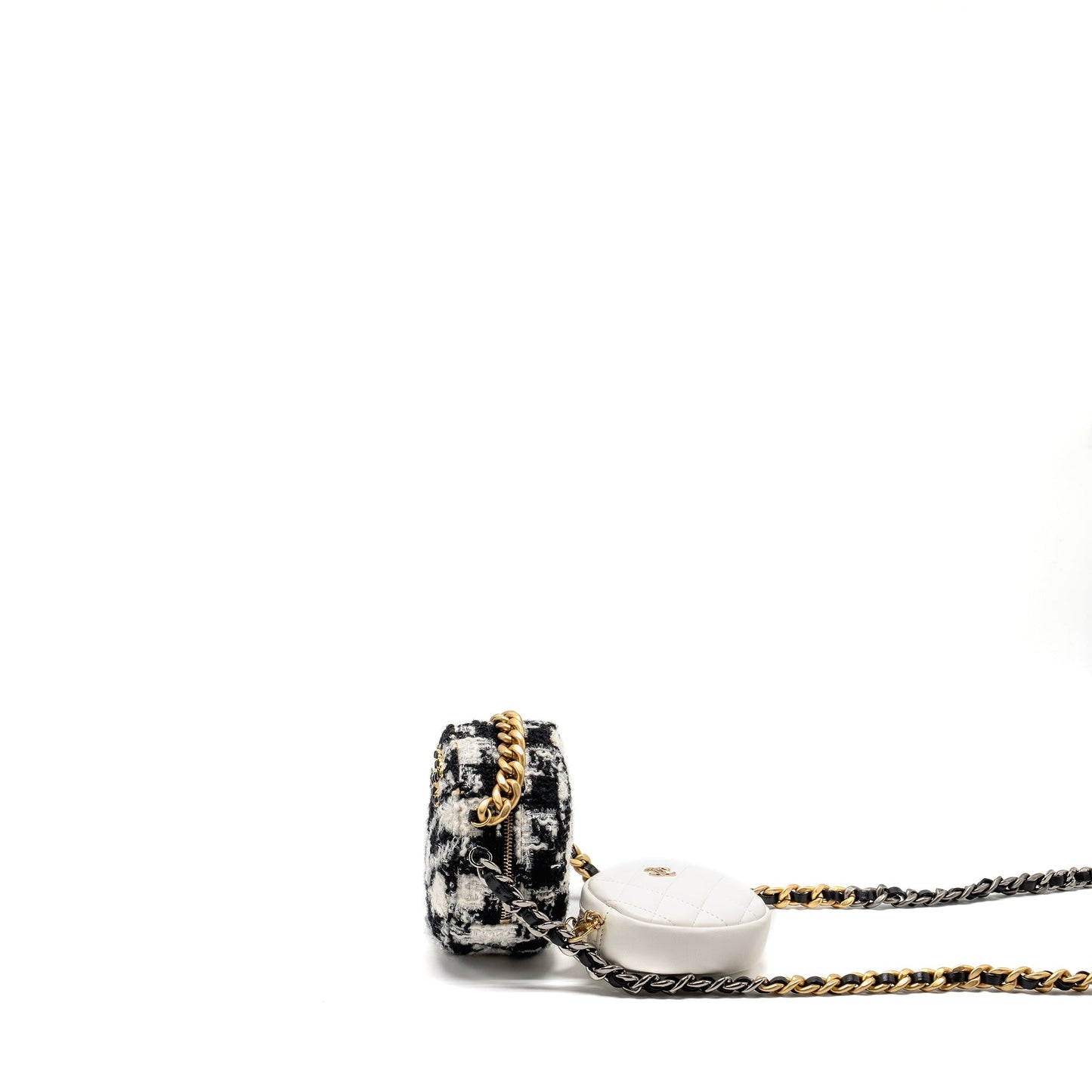 Chanel 19 round clutch  with chain with coin purse tweed / lambskin black/ white