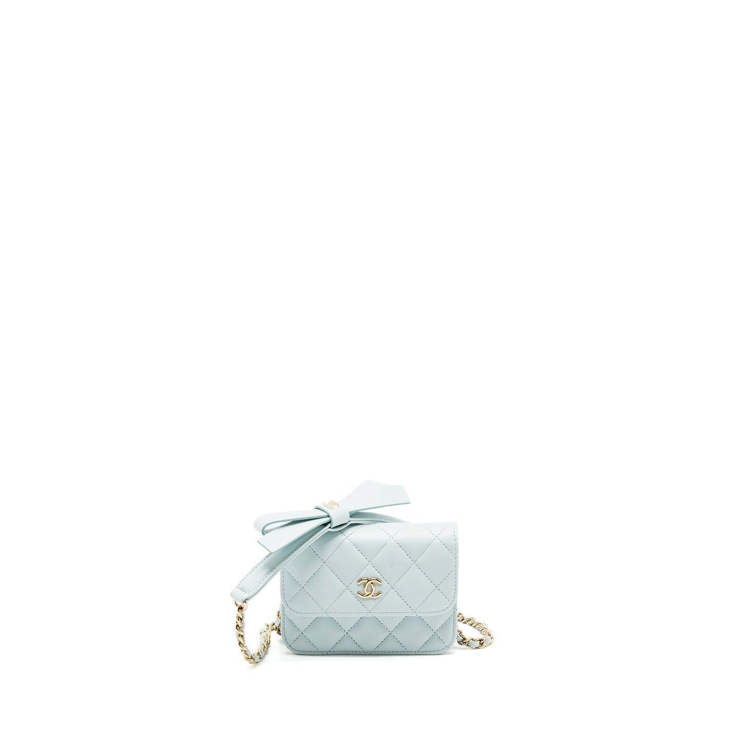 Chanel Mini Flap Bag Ribbon Chains Lambskin Light Blue L