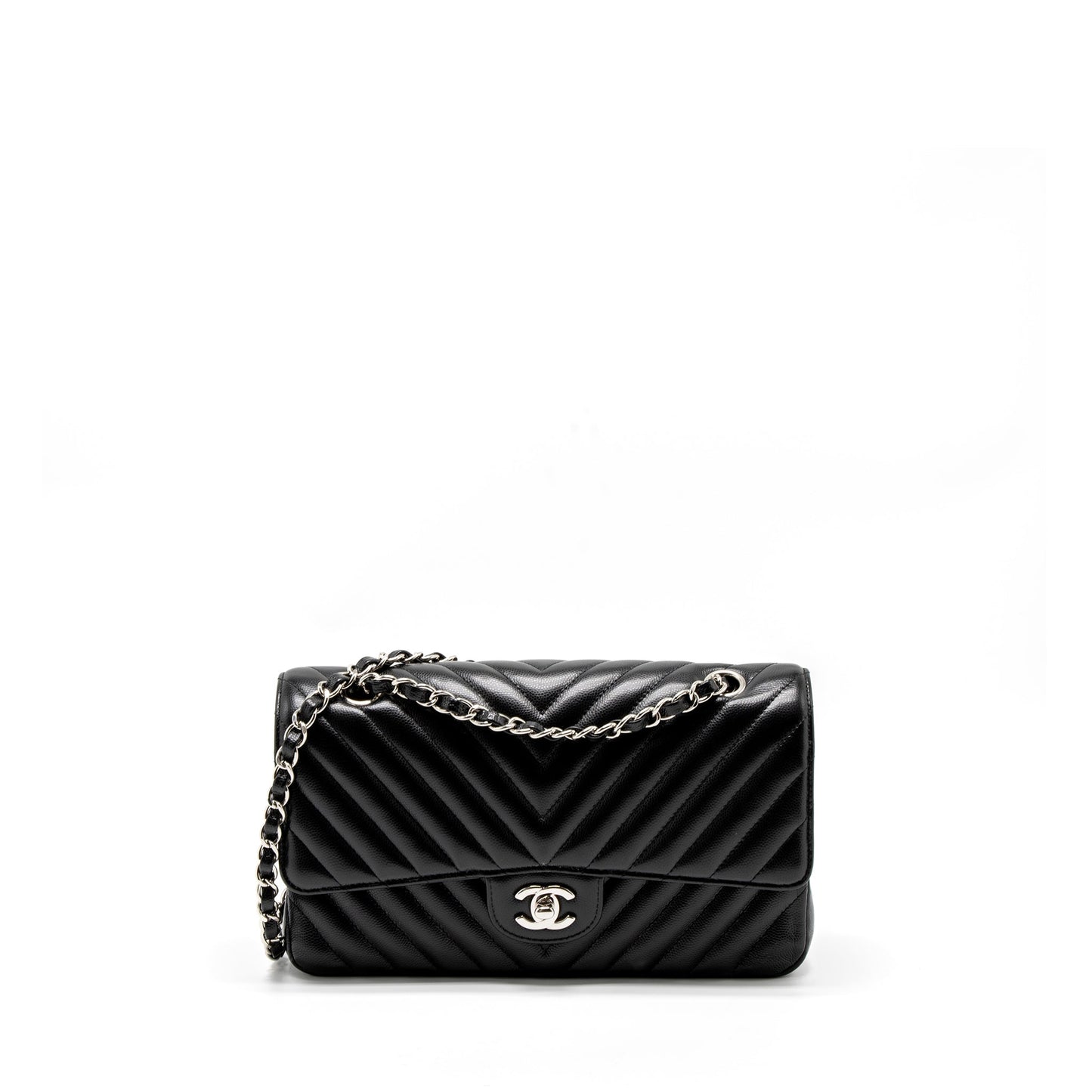 Chanel Medium Classic Double Flap Bag Chevron Caviar Black