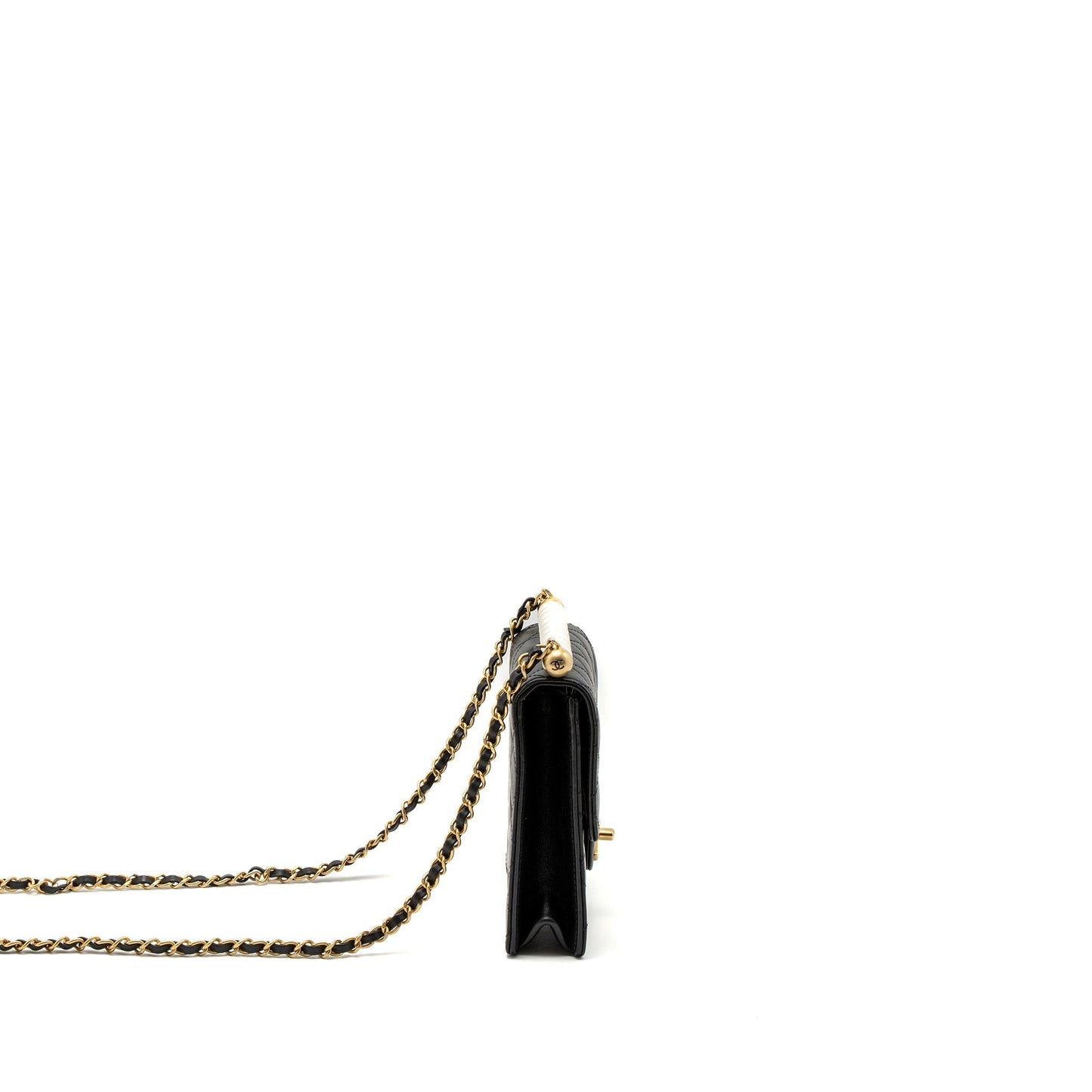 Chanel Square Pearl Flap Bag Lambskin Black Brushed