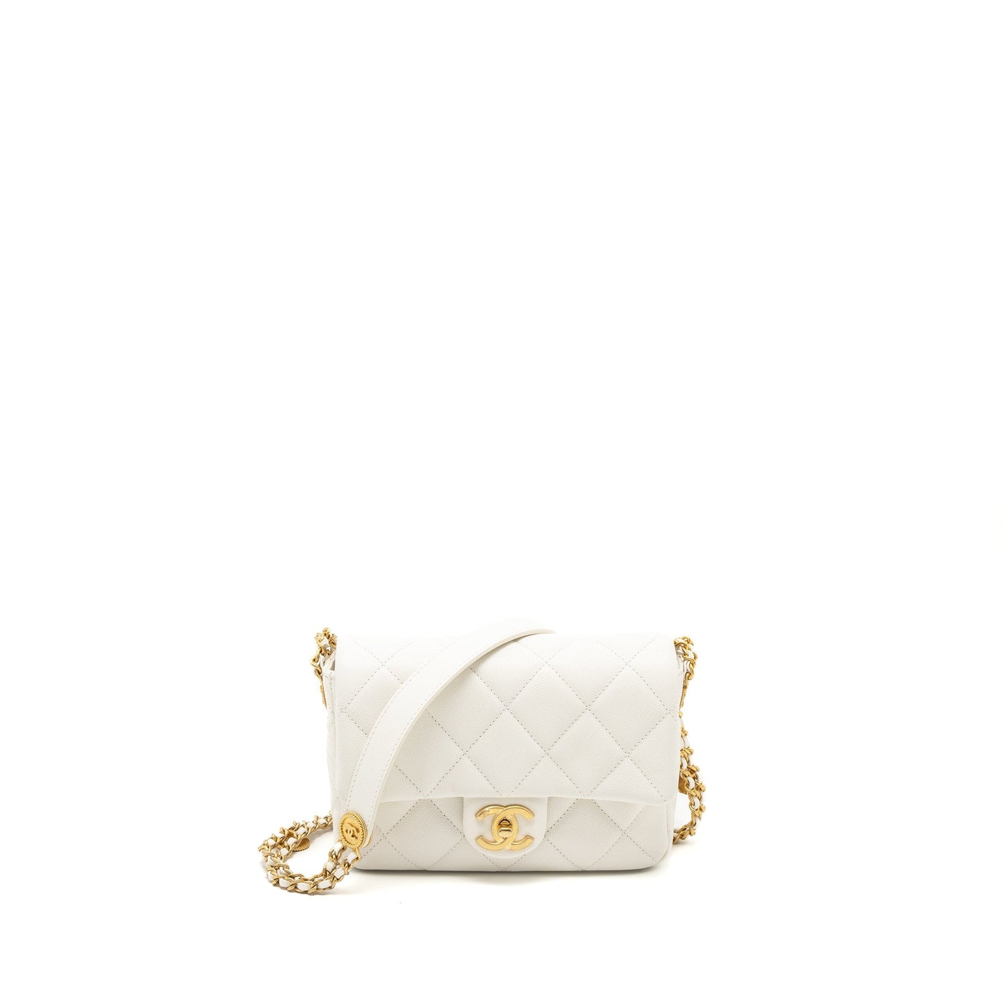 Chanel 22A Small Flap Bag Button on Chain Caviar White Brushed  (Microchip)