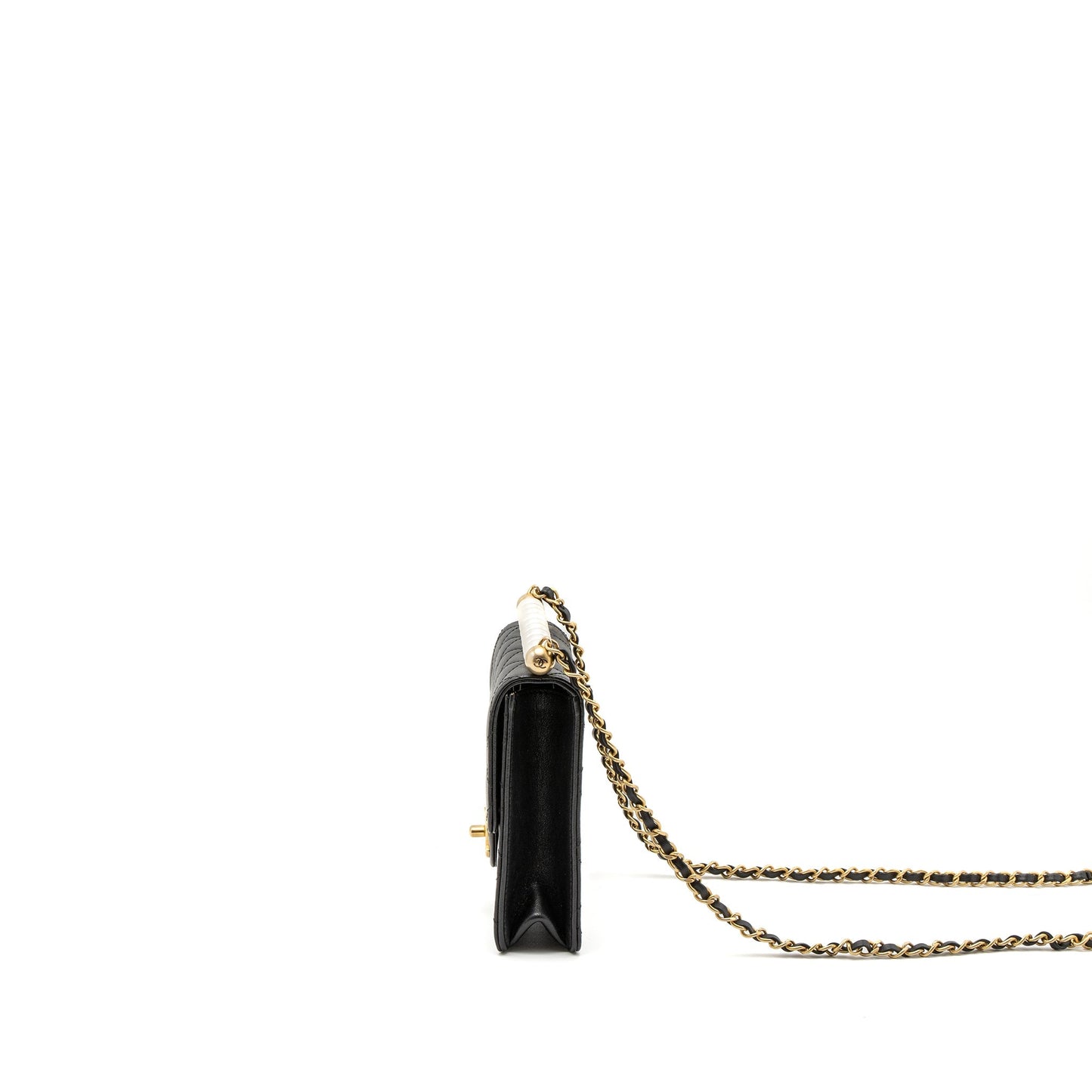 Chanel Square Pearl Flap Bag Lambskin Black Brushed