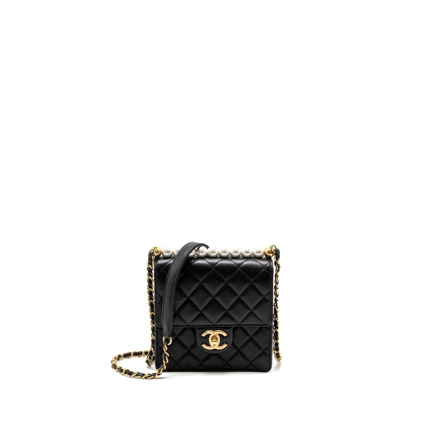 Chanel Square Pearl Flap Bag Lambskin Black Brushed