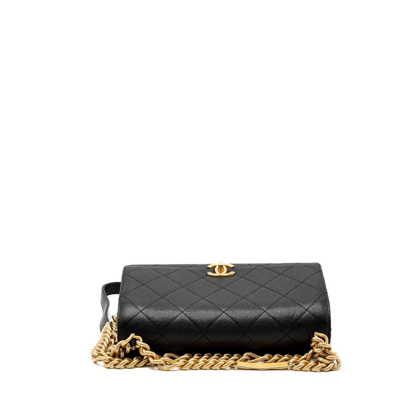 Chanel Flap Bag With Detail Chain Grained Calfskin Black Brushed  (Microchip)