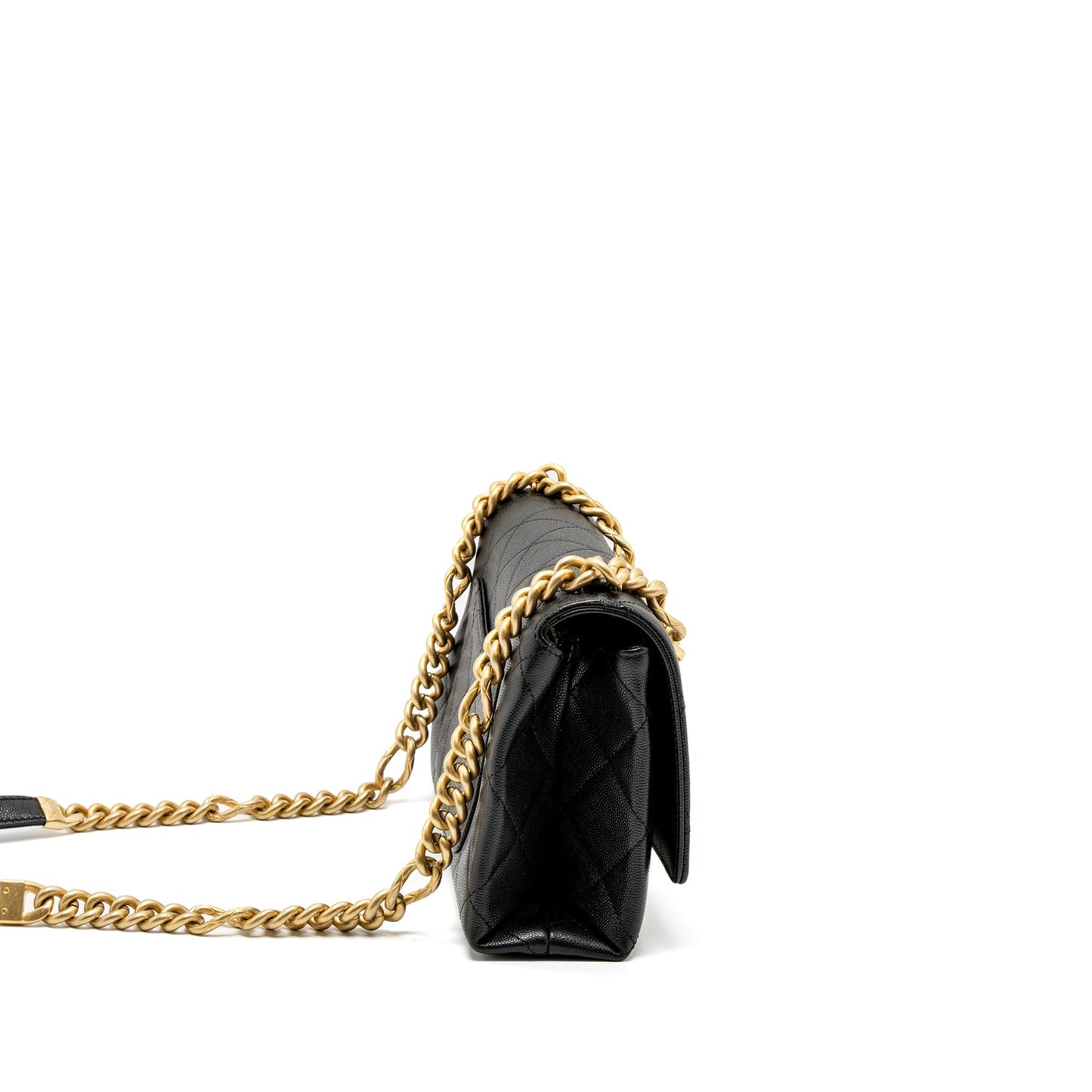 Chanel Flap Bag With Detail Chain Grained Calfskin Black Brushed  (Microchip)