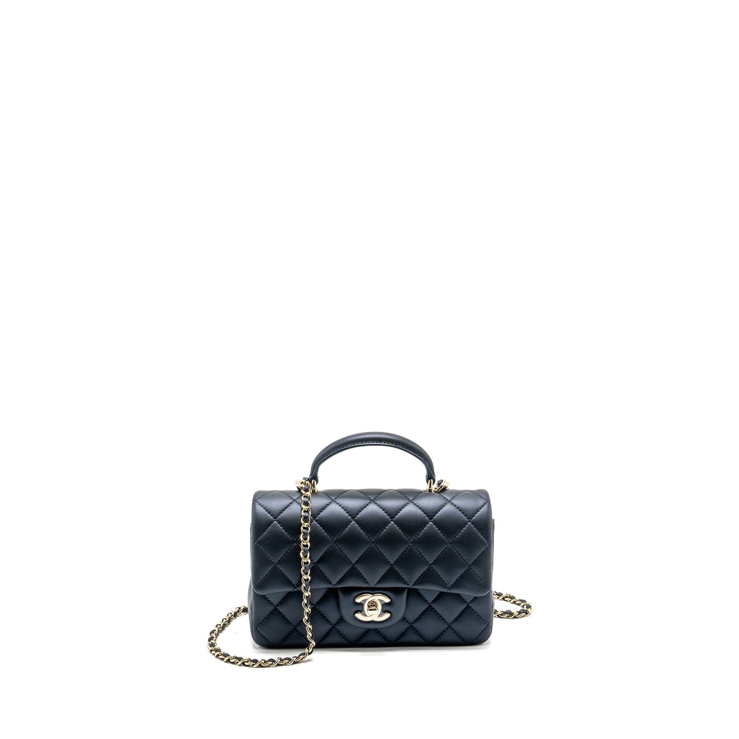 Chanel Top handle mini rectangular flap bag lambskin navy L (microchip)