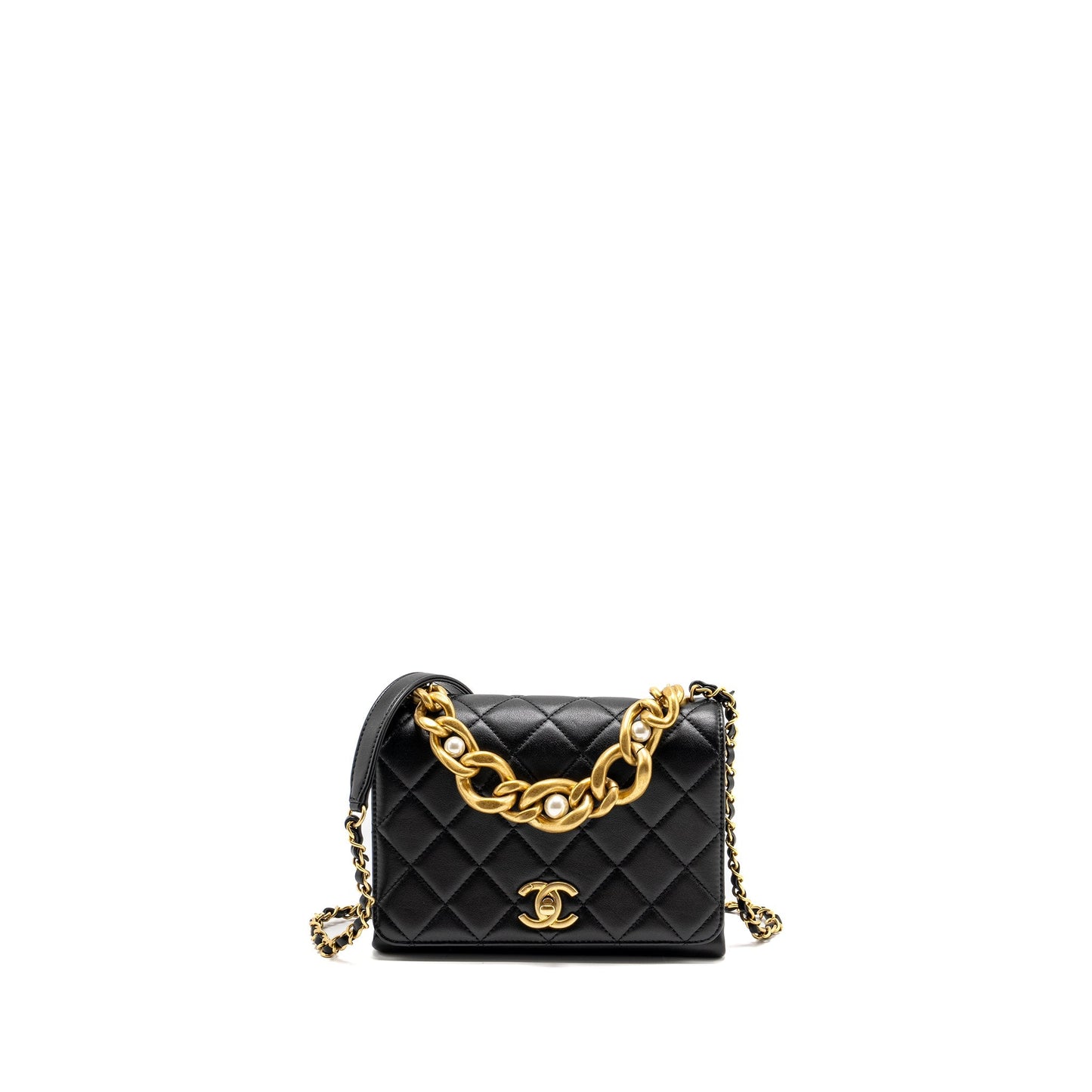 CHANEL Seasonal Flap Bag Giant Chain Handle with Pearl Calfskin Black Brush  (Microchip)
