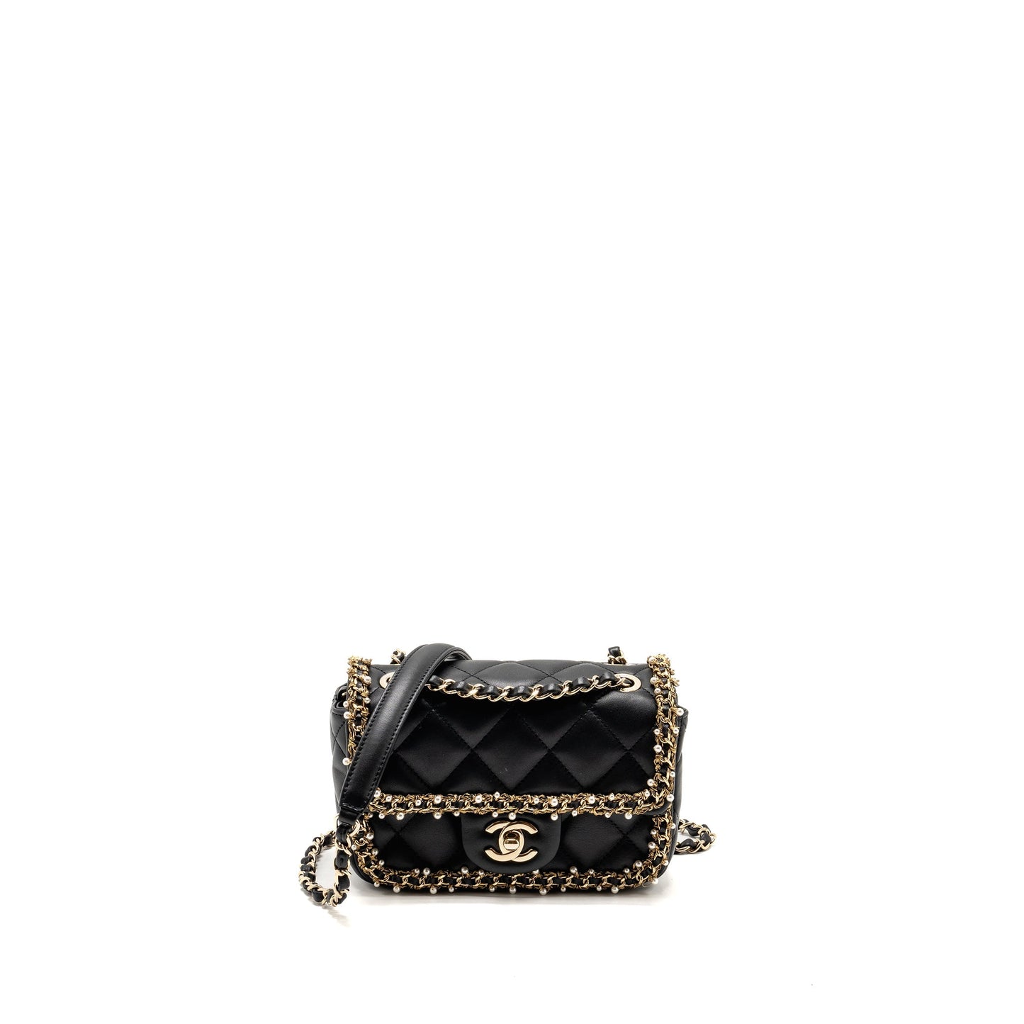 Chanel Pearl Detailed Edge Mini Flap Bag Lambskin Black L (Microchip)