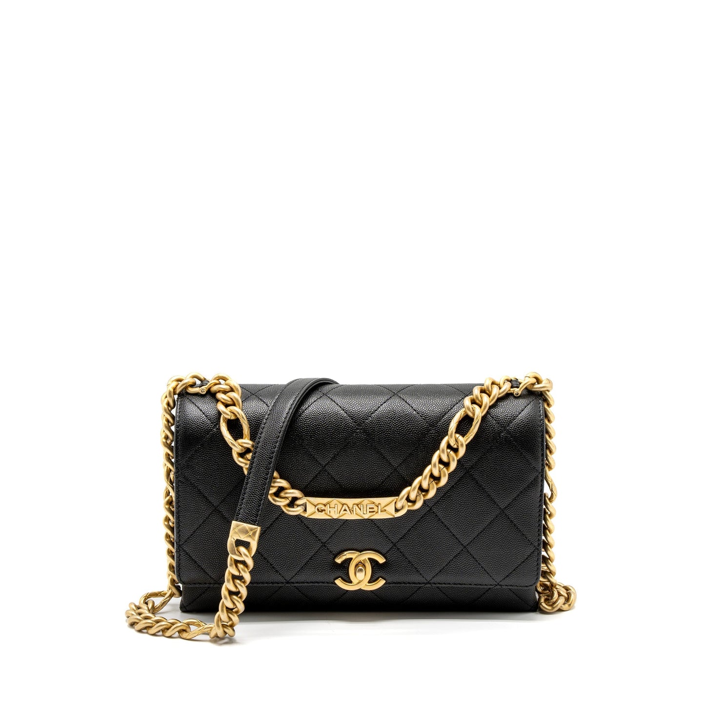 Chanel Flap Bag With Detail Chain Grained Calfskin Black Brushed  (Microchip)