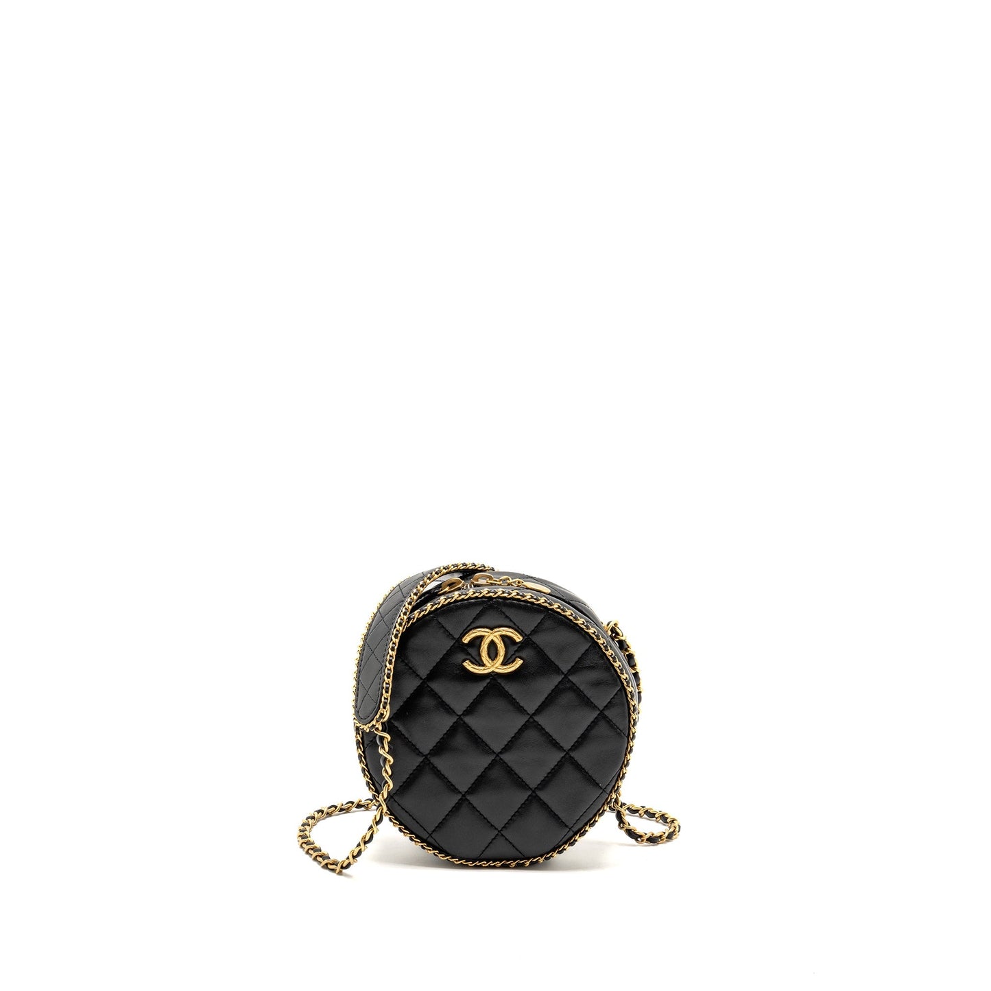 CHANEL Round Vanity With Chain Lambskin Black  (Microchip)