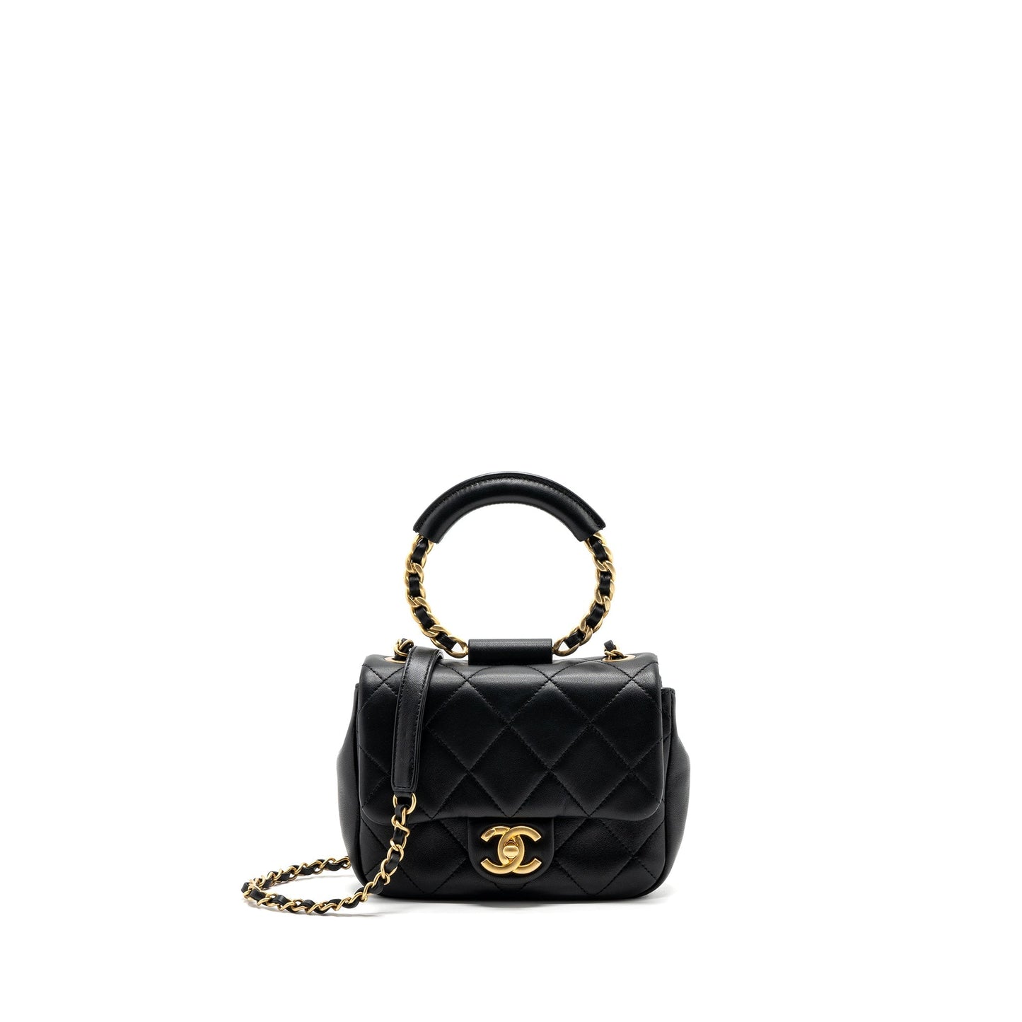 Chanel CIRCULAR HANDLE QUILTED FLAP BAG LAMBSKIN BLACK BRUSHED