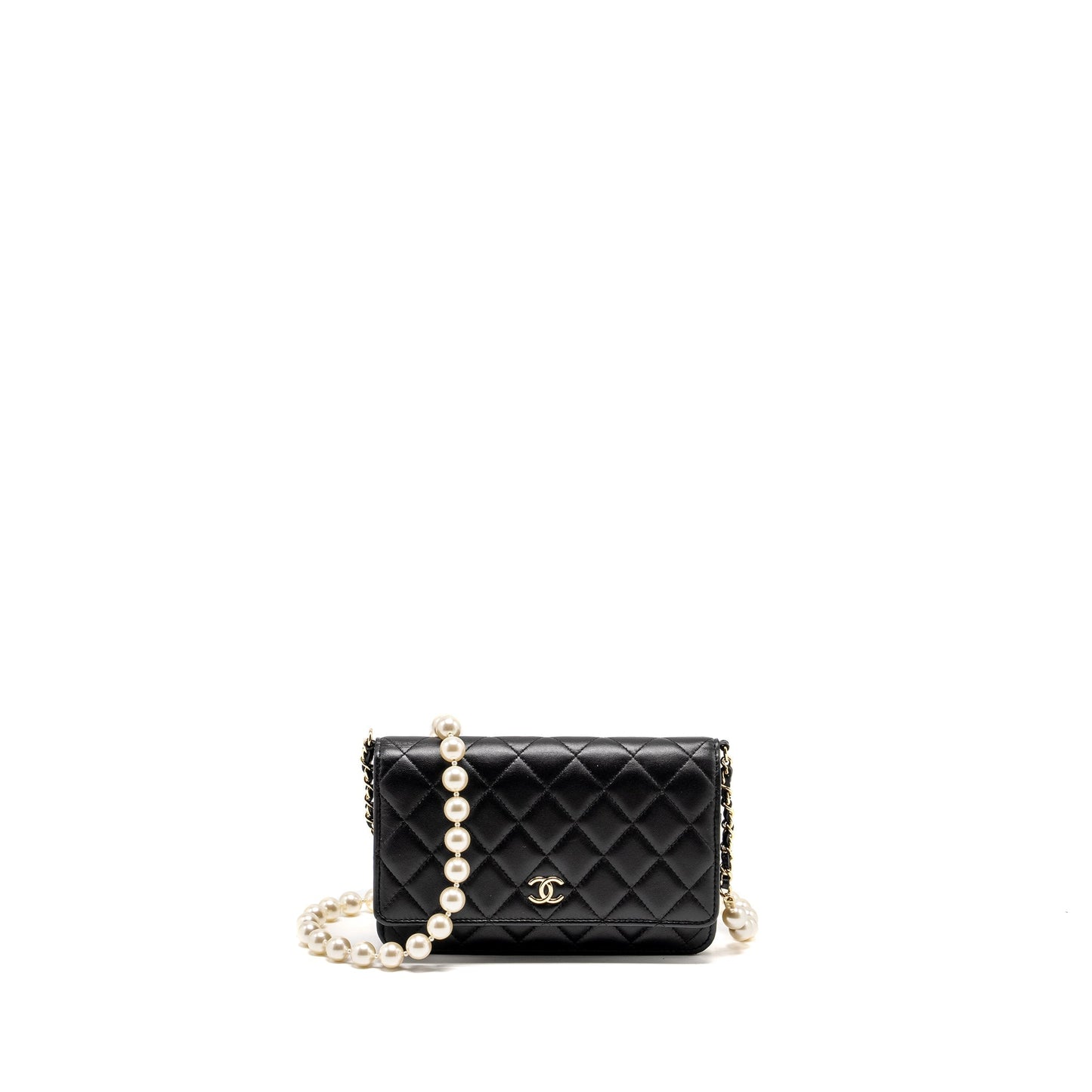 Chanel Pearl Chain Wallet On Chain Lambskin Black L(microchip)