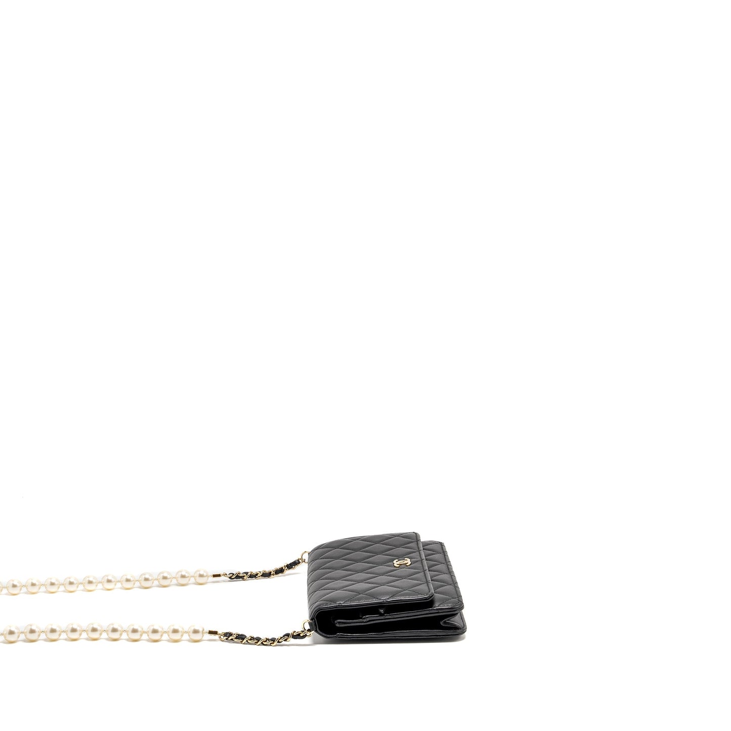 Chanel Pearl Chain Wallet On Chain Lambskin Black L(microchip)