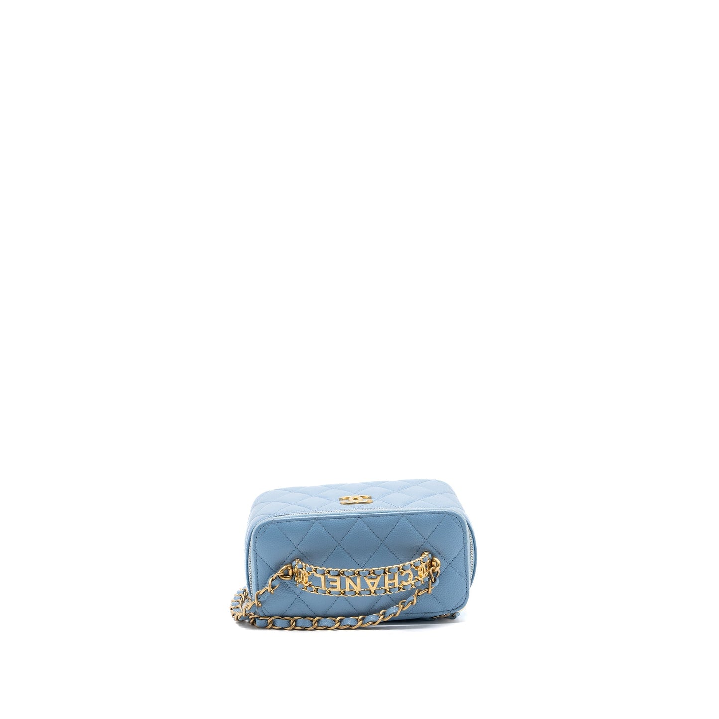 Chanel detailed top handle long vanity with chain caviar light blue
