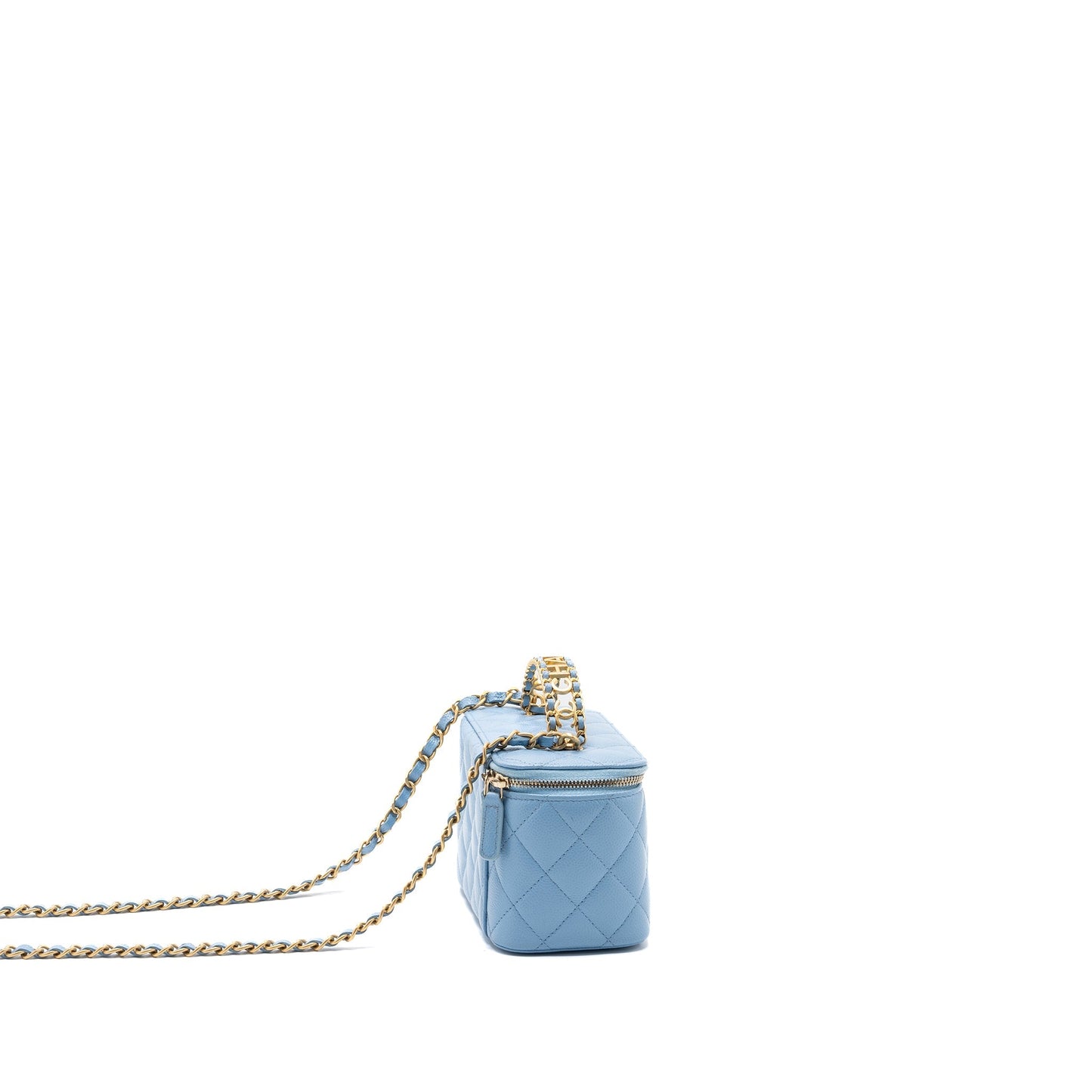 Chanel detailed top handle long vanity with chain caviar light blue