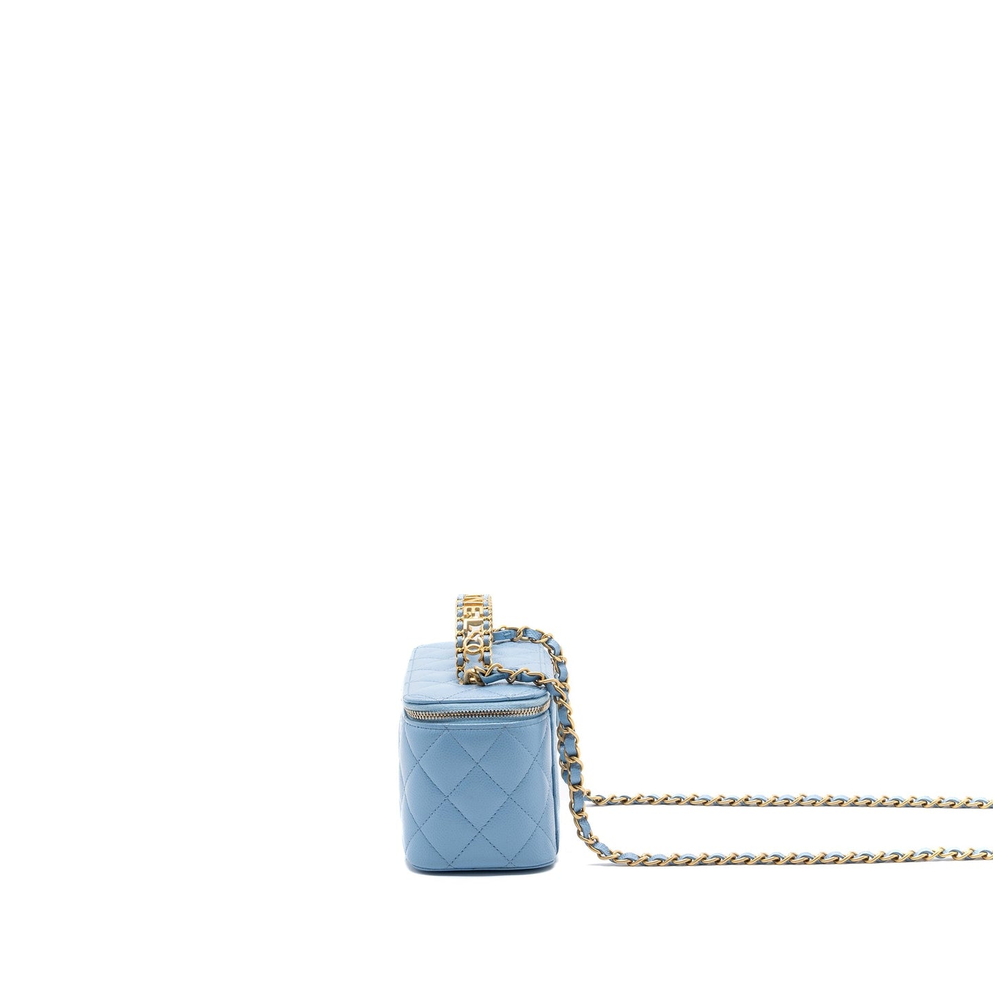 Chanel detailed top handle long vanity with chain caviar light blue
